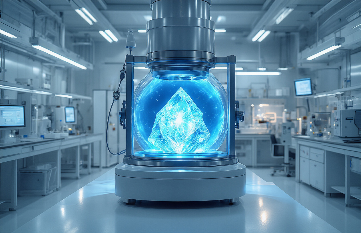 Create a realistic image of a modern scientific laboratory with advanced diamond growing equipment, featuring a high-tech chamber or reactor with glowing blue light emanating from inside, precise monitoring instruments with digital displays, a lab-grown diamond crystal being formed in the center of the apparatus, clean white laboratory surfaces, sterile environment with proper ventilation, sophisticated machinery with metallic components, controlled lighting that highlights the technological process, and a professional scientific atmosphere that demonstrates the cutting-edge technology behind diamond creation, absolutely NO text should be in the scene.