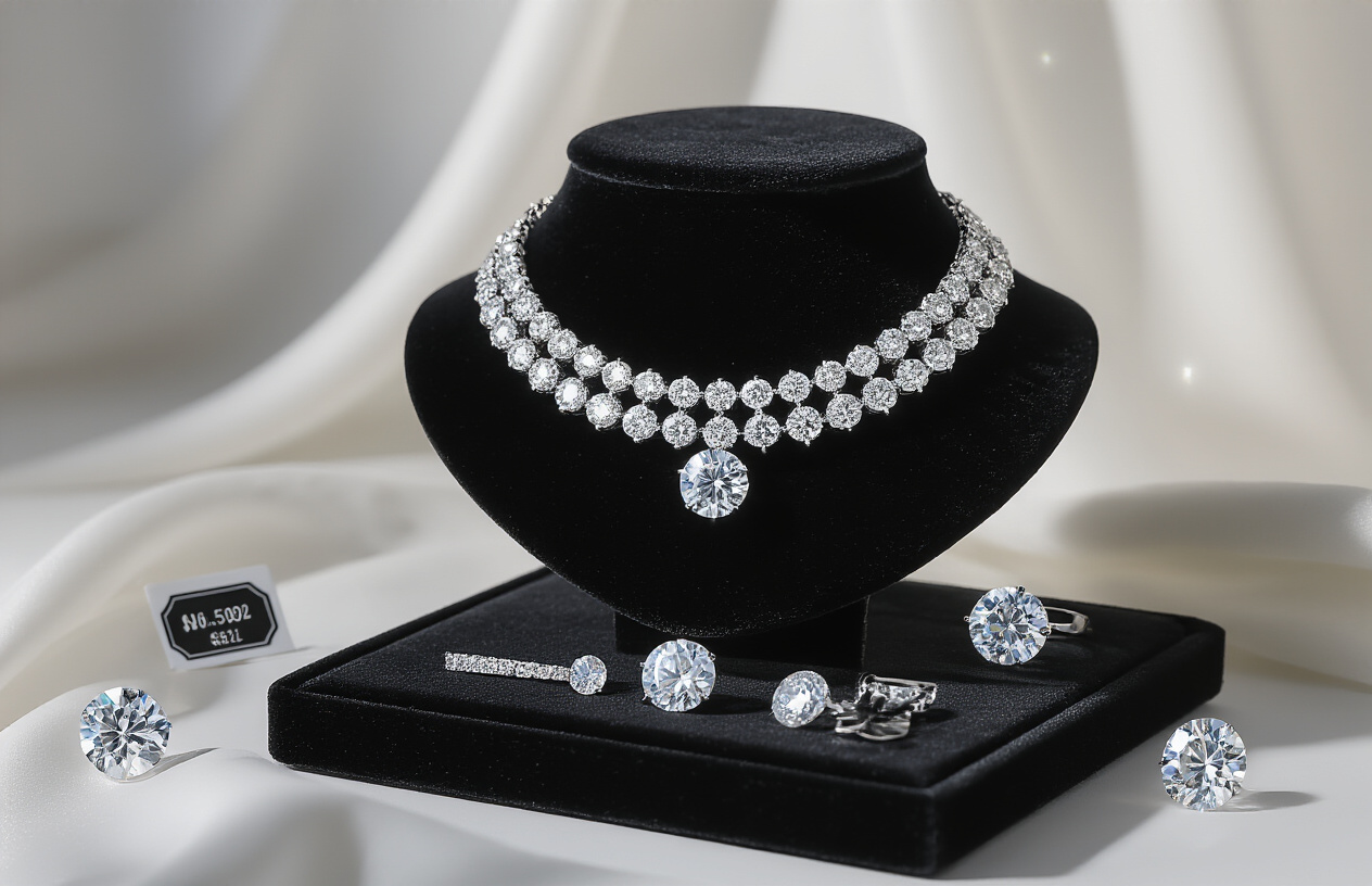 Create a realistic image of an elegant lab grown diamond necklace displayed on a luxurious black velvet jewelry stand with soft studio lighting highlighting the brilliant sparkle of the diamonds, surrounded by subtle price tags showing significant savings compared to traditional diamonds, with a clean white background and professional jewelry photography setup, conveying premium quality and exceptional value. Absolutely NO text should be in the scene.
