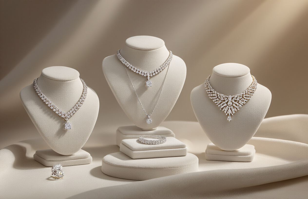 Create a realistic image of an elegant jewelry display featuring multiple lab grown diamond necklaces in popular styles including a classic tennis necklace, a delicate pendant necklace with a solitaire diamond, and a statement choker with geometric diamond patterns, all arranged on luxurious white velvet jewelry stands against a soft gradient background with professional studio lighting that creates subtle sparkles and reflections on the diamonds, absolutely NO text should be in the scene.