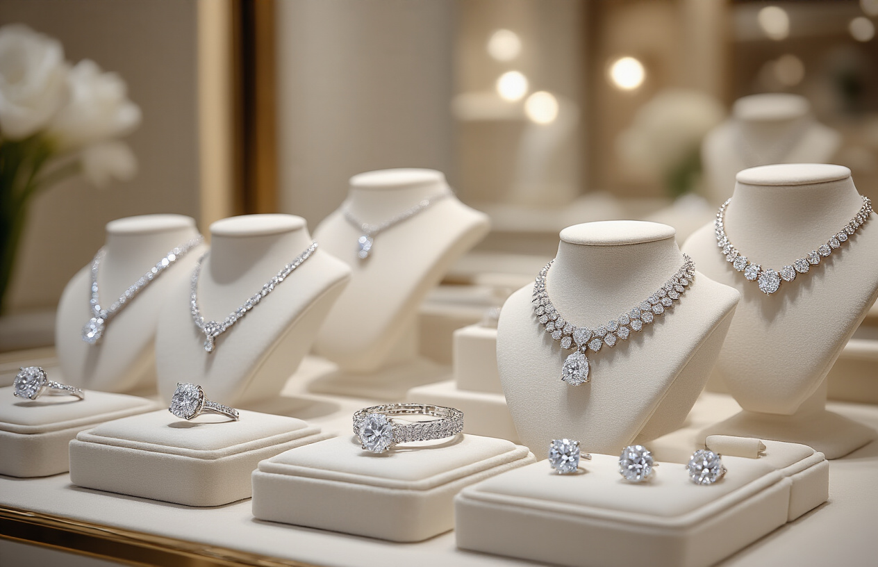 Create a realistic image of an elegant jewelry display showcasing multiple lab grown diamond necklaces arranged on luxurious white velvet jewelry stands, featuring various necklace styles including solitaire pendants, tennis necklaces, and statement pieces with different diamond cuts, set against a clean minimalist background with soft professional lighting that highlights the brilliance and sparkle of the diamonds, creating an upscale jewelry store or showroom atmosphere perfect for selection and comparison, absolutely NO text should be in the scene.