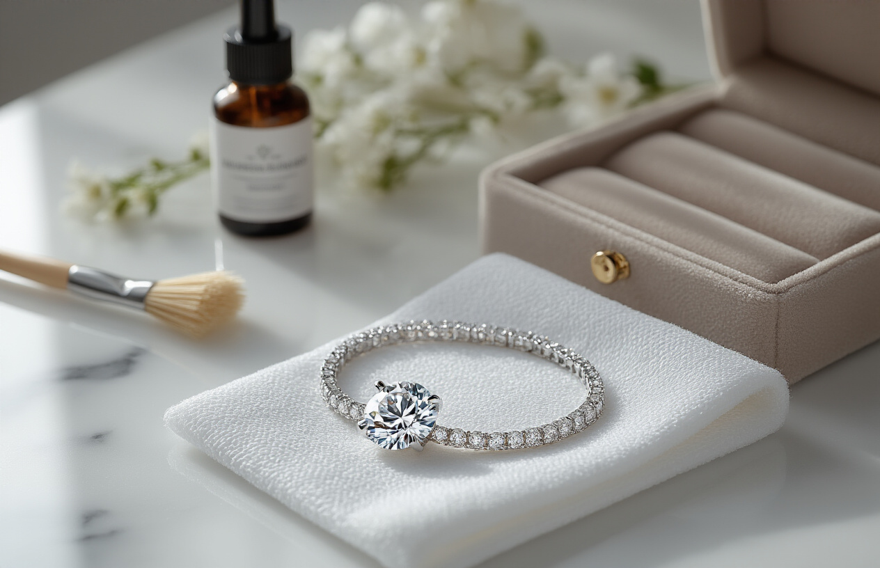 Create a realistic image of a sparkling lab grown diamond necklace being gently cleaned with a soft jewelry cleaning cloth on a pristine white marble surface, with professional jewelry cleaning tools including a small brush and cleaning solution bottle nearby, proper jewelry storage box with velvet lining in the background, soft natural lighting from above highlighting the diamond's brilliance, clean minimalist setting suggesting proper care and maintenance, absolutely NO text should be in the scene.