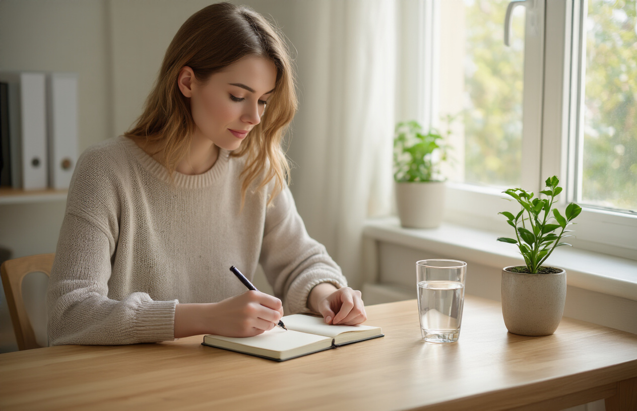 Create a realistic image of a white female in her 30s sitting at a clean wooden desk, writing in a small notebook with a pen, next to a glass of water and a single green plant in a small pot, with soft natural lighting coming through a window, creating a calm and organized atmosphere that emphasizes simplicity and mindful habit formation, absolutely NO text should be in the scene.