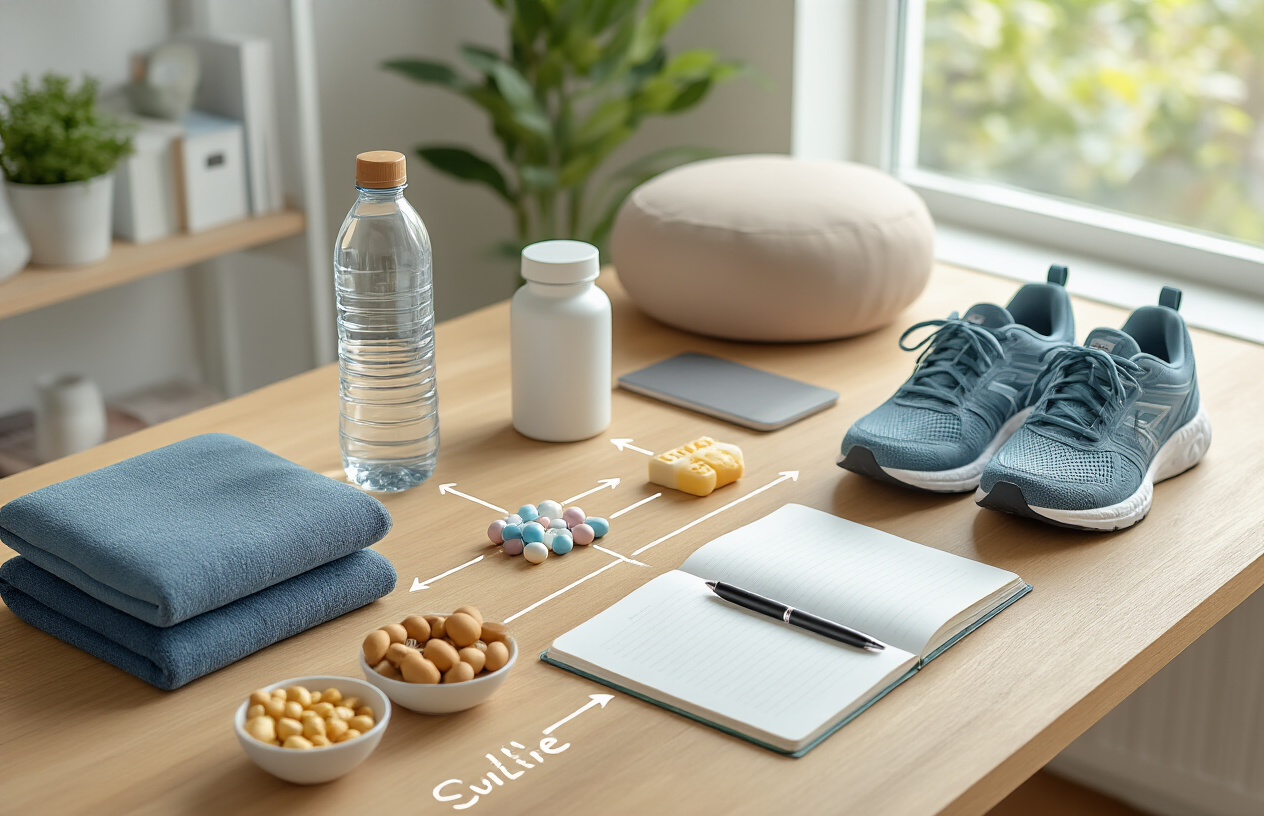 Create a realistic image of a clean, organized wooden desk surface with multiple wellness-related items arranged in a systematic, interconnected pattern suggesting a habit stacking system, including a water bottle, vitamin container, workout clothes neatly folded, a meditation cushion, healthy snacks, a journal with a pen, running shoes, and a yoga mat partially visible, all connected by subtle visual lines or arrows drawn on paper beneath them showing the flow from one habit to another, with soft natural lighting from a window creating a calm, motivational atmosphere in a modern home office setting, absolutely NO text should be in the scene.