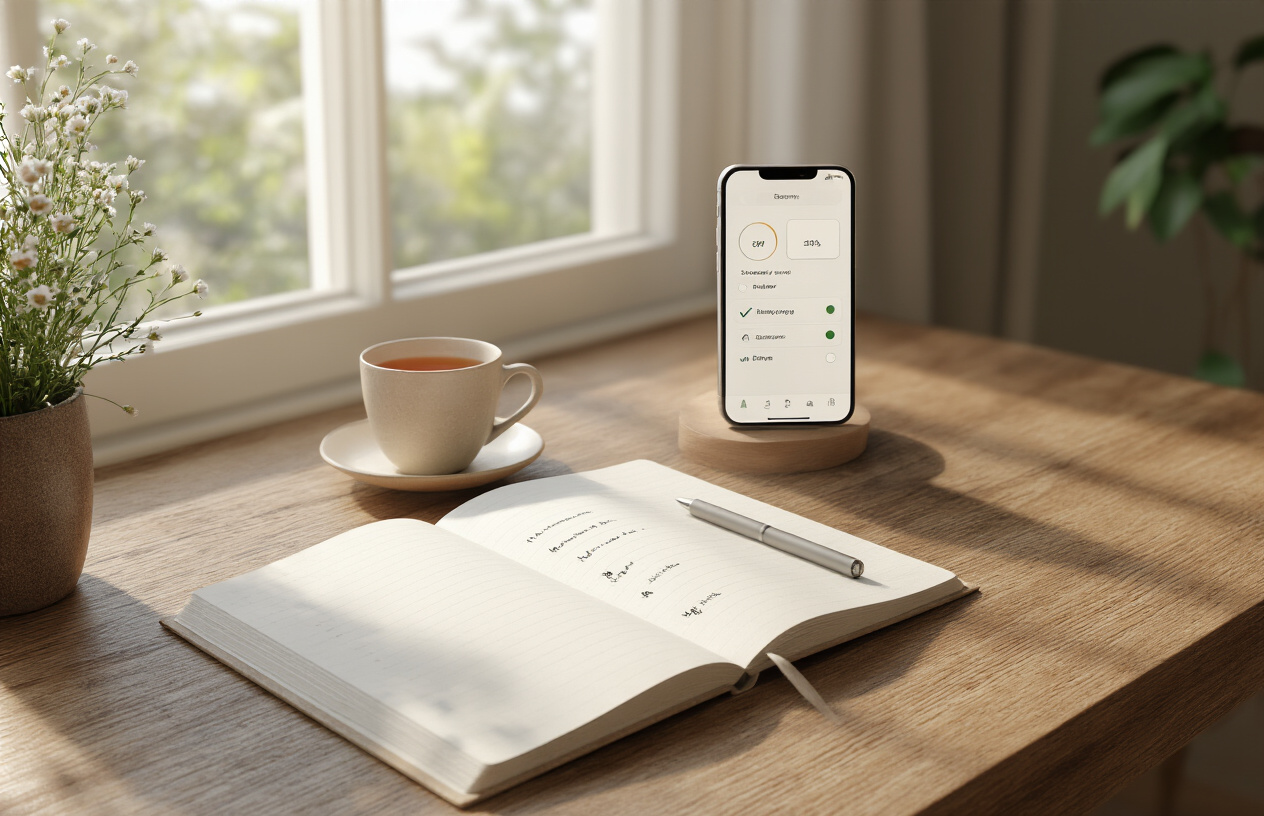 Create a realistic image of a calm home office scene showing a wooden desk with a simple paper journal open to pages with checkmarks and small dots marking daily habits, a smartphone displaying a minimalist habit tracking app with gentle progress indicators, a cup of herbal tea, and soft natural lighting from a nearby window creating a peaceful atmosphere that emphasizes balance and mindful progress tracking rather than perfectionism, absolutely NO text should be in the scene.