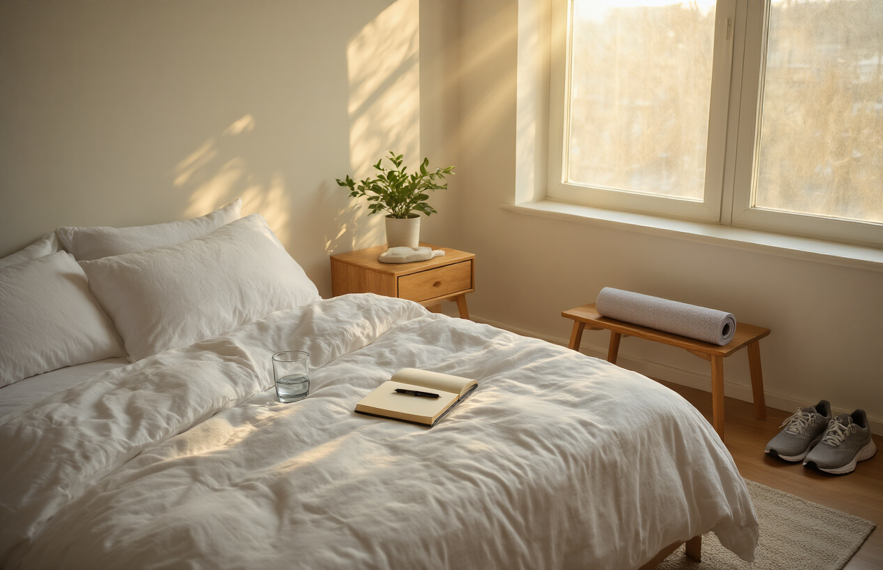 Create a realistic image of a serene morning scene showing a peaceful bedroom corner with sunlight streaming through a window, featuring a neatly made bed with white linens, a wooden nightstand with a glass of water, a journal with a pen, and a small potted plant, alongside a yoga mat rolled up against the wall and running shoes placed nearby, creating a calm atmosphere that represents successful wellness habit integration into daily life, with soft natural lighting and a minimalist aesthetic. Absolutely NO text should be in the scene.