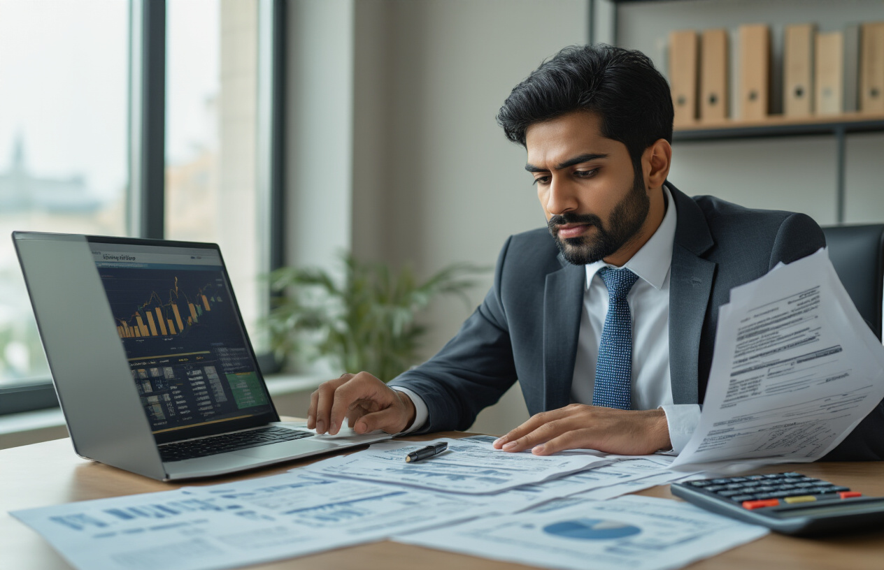 Create a realistic image of a South Asian male professional in business attire sitting at a modern office desk reviewing tax documents and compliance forms spread across the surface, with a laptop displaying financial charts, calculator, and official government forms visible, set in a clean contemporary office environment with soft natural lighting from a window, conveying a focused and organized atmosphere of financial planning and tax preparation, absolutely NO text should be in the scene.