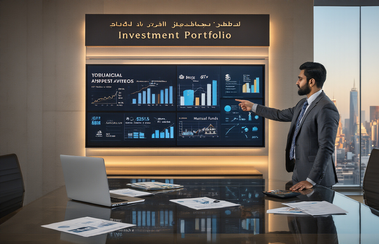 Create a realistic image of a modern financial consultation scene with a South Asian male financial advisor in a business suit pointing to a large wall-mounted display showing diverse investment portfolio charts including stocks, bonds, mutual funds, and real estate icons, with a sleek glass conference table in the foreground containing financial documents, a laptop, and a calculator, set in a contemporary office environment with warm professional lighting and city skyline visible through floor-to-ceiling windows, absolutely NO text should be in the scene.