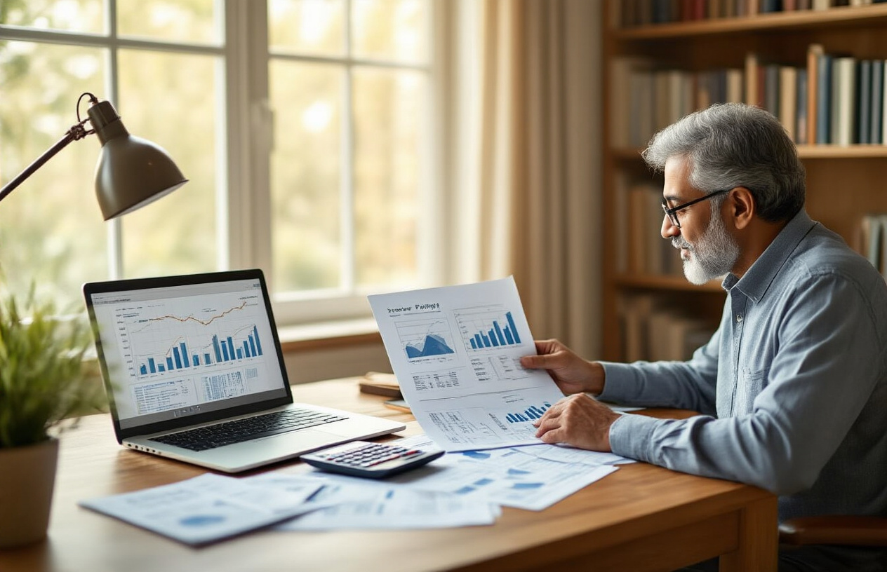 Create a realistic image of a mature South Asian male in his 50s sitting at a modern desk reviewing retirement planning documents and charts, with a laptop showing financial graphs, calculator, pension statements, and investment portfolios spread across the wooden desk surface, warm natural lighting from a window creating a professional yet comfortable home office atmosphere, with bookshelves containing financial planning books in the background, conveying a sense of careful financial preparation and security planning, absolutely NO text should be in the scene.