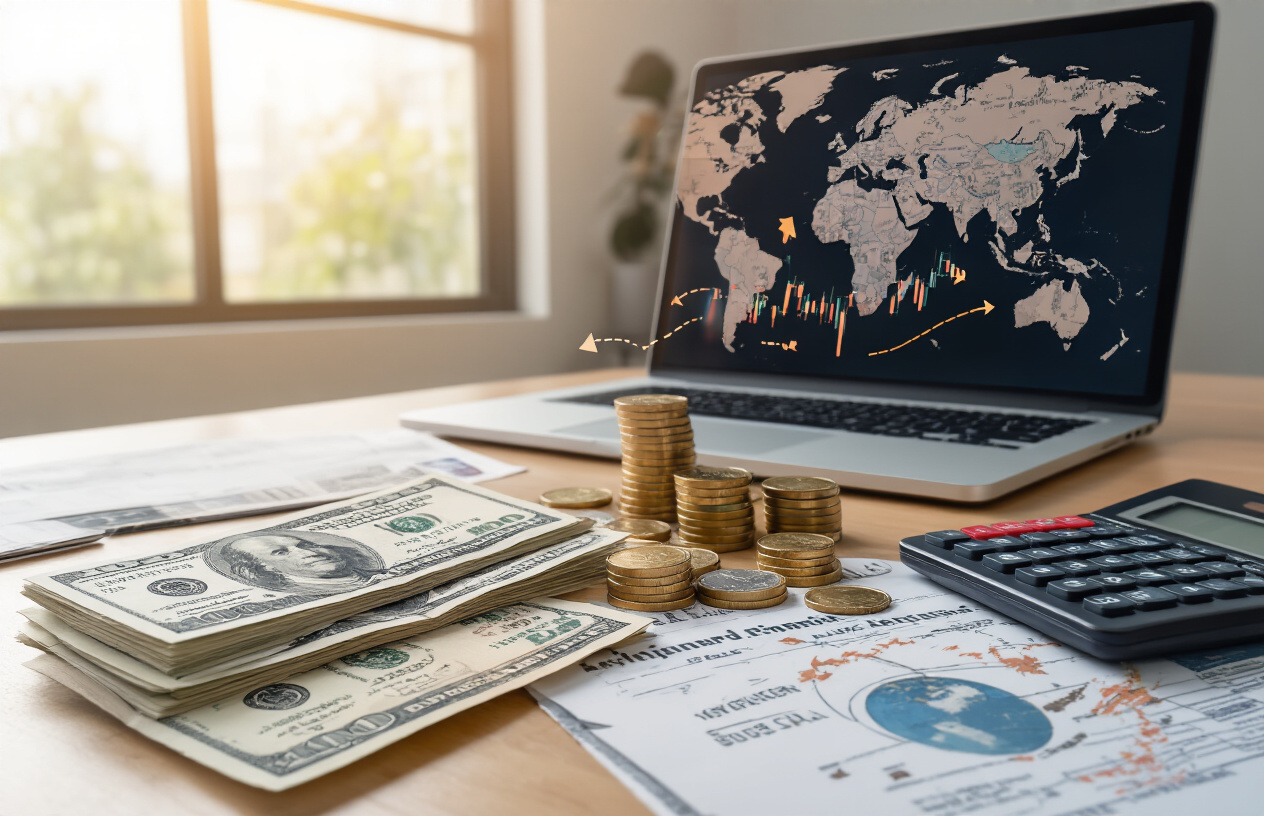 Create a realistic image of multiple international currency notes and coins from different countries (US dollars, Indian rupees, euros, British pounds) scattered on a modern desk alongside a laptop displaying financial charts, a calculator, official banking documents, and a world map in the background showing global financial connections with subtle arrows indicating money flow between countries, set in a professional office environment with warm natural lighting from a window, absolutely NO text should be in the scene.
