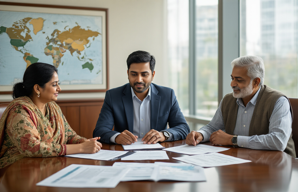 Create a realistic image of a professional South Asian male financial advisor in a modern office setting discussing estate planning documents with a middle-aged Indian couple, showing legal papers, family trust documents, and property deeds spread across a polished wooden conference table, with a world map highlighting India and other countries in the background, soft natural lighting from large windows, conveying a sense of security and long-term planning, absolutely NO text should be in the scene.