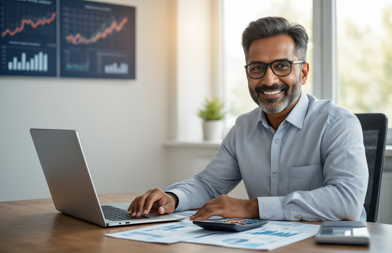Create a realistic image of a South Asian male professional in his 40s sitting at a modern desk with a laptop, financial documents, and calculator, looking confident and satisfied while reviewing his investment portfolio, with a clean modern office background featuring charts on the wall showing upward trends, warm natural lighting from a window, conveying success and financial security achieved through proper planning, absolutely NO text should be in the scene.