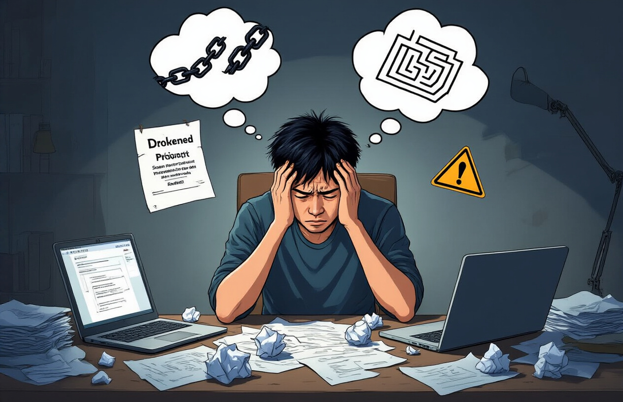 Create a realistic image of a frustrated Asian male freelancer sitting at a cluttered desk with his head in his hands, surrounded by crumpled papers and multiple open laptops showing declined project proposals, with thought bubbles above his head containing broken chains, a maze with no exit, and warning signs, set in a dimly lit home office with harsh shadows casting doubt and confusion across the scene, absolutely NO text should be in the scene.