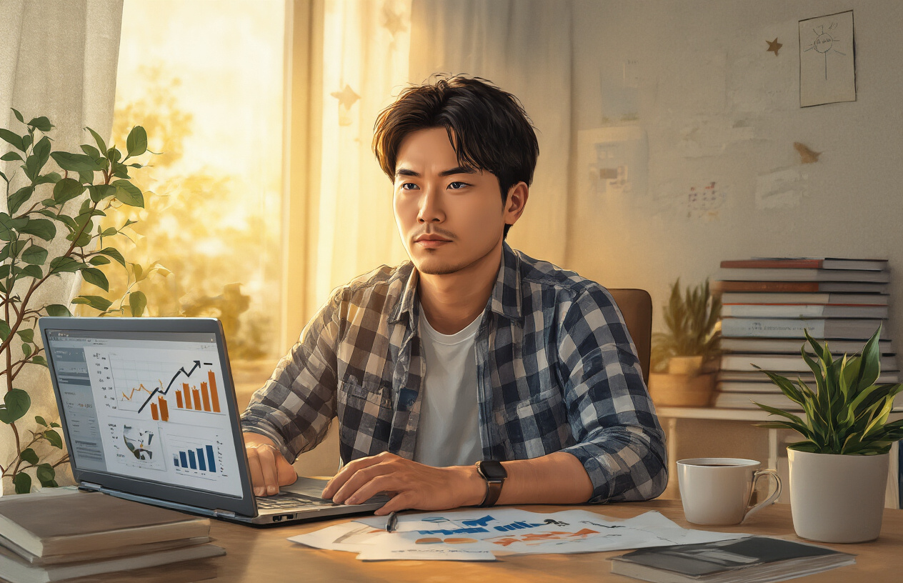 Create a realistic image of a determined Asian male freelancer sitting at a modern desk with an open laptop, charts and graphs visible on screen showing upward growth, surrounded by motivational elements like a plant, coffee cup, and organized workspace, warm golden lighting streaming through a window creating an optimistic atmosphere, with books about business success stacked nearby, conveying triumph over challenges and successful freelancing journey, absolutely NO text should be in the scene.