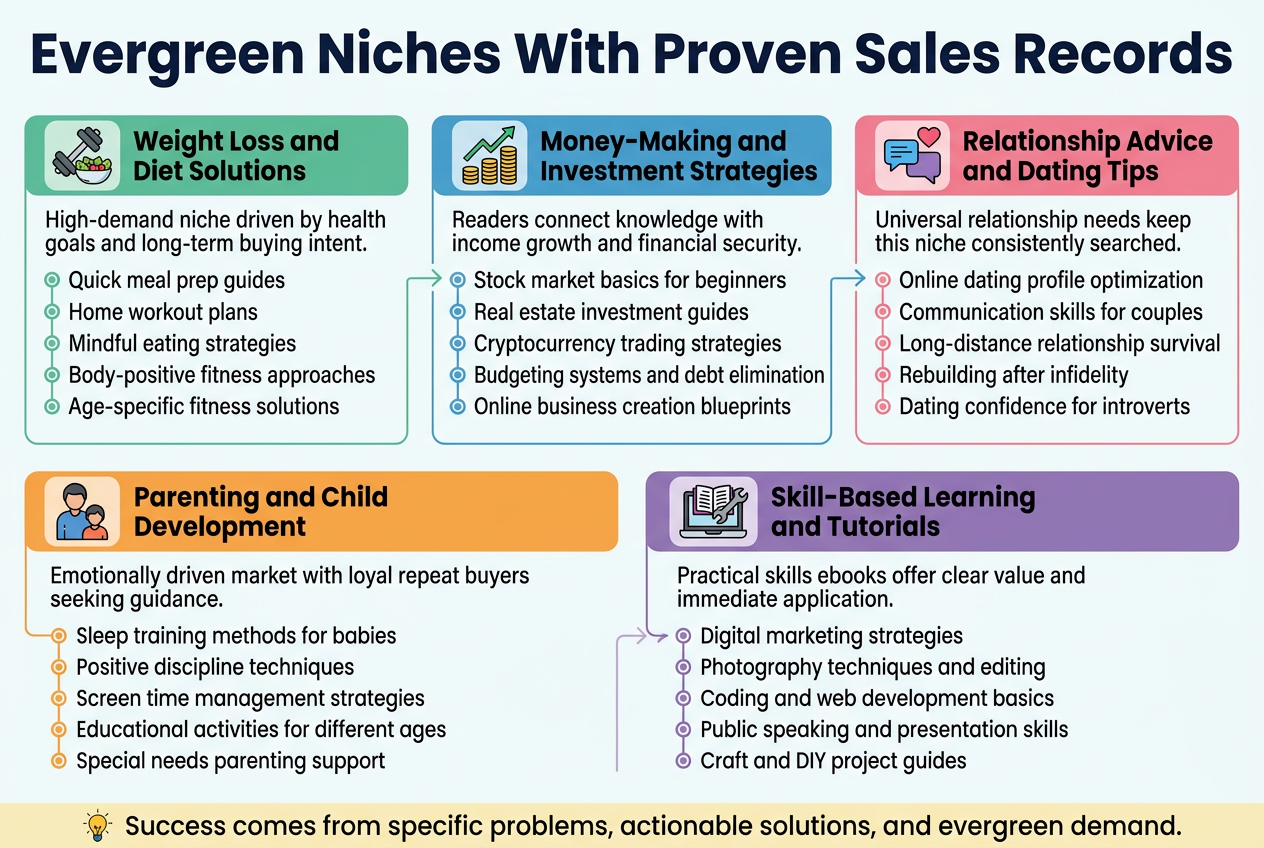 Create a clean, professional full-bleed infographic in 3:2 aspect ratio with a wide landscape layout, no poster frame, no inset margins. Use a modern sans-serif font, bold dark navy headings, white background, teal, blue, green, orange, and gold accent colors, with subtle flat vector illustrations and icons. Place a large bold title across the top: "Evergreen Niches With Proven Sales Records".Below the title, arrange five wide horizontal content blocks across the page in a balanced 2-row layout: three blocks on the top row and two larger blocks on the bottom row. Each block should have a colored header bar, a simple icon, a short niche title, a brief descriptive sentence, and 5 bullet-style topic labels with small circular markers.Block 1 on upper left: a green header with a dumbbell and salad icon. Title: "Weight Loss and Diet Solutions". Add body text: "High-demand niche driven by health goals and long-term buying intent." Bullets: "Quick meal prep guides", "Home workout plans", "Mindful eating strategies", "Body-positive fitness approaches", "Age-specific fitness solutions".Block 2 on upper center: a blue header with a coin stack and upward chart icon. Title: "Money-Making and Investment Strategies". Add body text: "Readers connect knowledge with income growth and financial security." Bullets: "Stock market basics for beginners", "Real estate investment guides", "Cryptocurrency trading strategies", "Budgeting systems and debt elimination", "Online business creation blueprints".Block 3 on upper right: a pink header with two chat bubbles and a heart icon. Title: "Relationship Advice and Dating Tips". Add body text: "Universal relationship needs keep this niche consistently searched." Bullets: "Online dating profile optimization", "Communication skills for couples", "Long-distance relationship survival", "Rebuilding after infidelity", "Dating confidence for introverts".Block 4 on lower left: an orange header with a parent and child icon. Title: "Parenting and Child Development". Add body text: "Emotionally driven market with loyal repeat buyers seeking guidance." Bullets: "Sleep training methods for babies", "Positive discipline techniques", "Screen time management strategies", "Educational activities for different ages", "Special needs parenting support".Block 5 on lower right, larger than the others: a purple header with a laptop, book, and wrench icon. Title: "Skill-Based Learning and Tutorials". Add body text: "Practical skills ebooks offer clear value and immediate application." Bullets: "Digital marketing strategies", "Photography techniques and editing", "Coding and web development basics", "Public speaking and presentation skills", "Craft and DIY project guides".At the bottom, include a thin highlighted footer strip with a small lightbulb icon and the sentence: "Success comes from specific problems, actionable solutions, and evergreen demand." Use subtle connecting lines or arrows between blocks, and small circular symbols for each bullet. Keep typography crisp, spacious, and highly readable, with strong hierarchy and clean alignment.