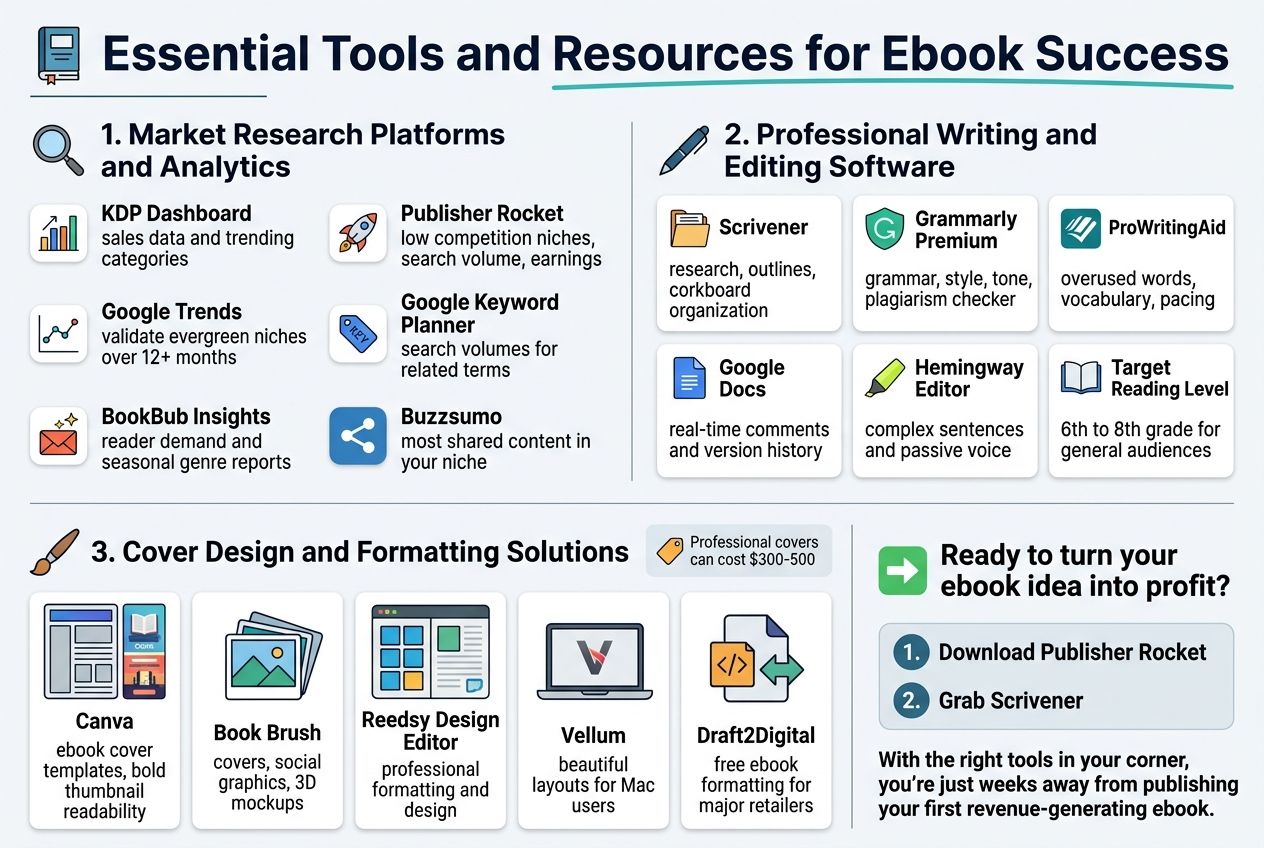 Create a clean, professional full-bleed infographic in a 3:2 aspect ratio with a modern flat-vector style, white background, blue-teal-orange accent colors, dark navy headings, and clear sans-serif typography. Place a bold title across the top: "Essential Tools and Resources for Ebook Success". Use a wide 3-column layout with four main horizontal sections and simple icons for each tool category.Top section: large title centered, with a thin teal underline and a small ebook icon at left.Section 1 on the upper left: heading "1. Market Research Platforms and Analytics" with a magnifying glass icon. Under it, use short bullet blocks with small icons:- "KDP Dashboard" — bar chart icon — "sales data and trending categories"- "Publisher Rocket" — rocket icon — "low competition niches, search volume, earnings"- "Google Trends" — line graph icon — "validate evergreen niches over 12+ months"- "Google Keyword Planner" — keyword tag icon — "search volumes for related terms"- "BookBub Insights" — envelope and spark icon — "reader demand and seasonal genre reports"- "Buzzsumo" — social share icon — "most shared content in your niche"Section 2 on the upper right: heading "2. Professional Writing and Editing Software" with a pen icon. Under it, use six compact cards with icons:- "Scrivener" — folder and document icon — "research, outlines, corkboard organization"- "Grammarly Premium" — checkmark shield icon — "grammar, style, tone, plagiarism checker"- "ProWritingAid" — magnifier over text icon — "overused words, vocabulary, pacing"- "Google Docs" — collaborative document icon — "real-time comments and version history"- "Hemingway Editor" — highlighter icon — "complex sentences and passive voice"- "Target Reading Level" — simple open book icon — "6th to 8th grade for general audiences"Section 3 across the lower left: heading "3. Cover Design and Formatting Solutions" with a paintbrush icon. Show a row of tool cards and visual thumbnail mockups:- "Canva" — template layout icon — "ebook cover templates, bold thumbnail readability"- "Book Brush" — image stack icon — "covers, social graphics, 3D mockups"- "Reedsy Design Editor" — grid and page icon — "professional formatting and design"- "Vellum" — laptop icon — "beautiful layouts for Mac users"- "Draft2Digital" — file conversion icon — "free ebook formatting for major retailers"Include a small side note box with a price tag icon: "Professional covers can cost $300-500"Section 4 across the lower right: a highlighted action box with a green arrow icon and bold text: "Ready to turn your ebook idea into profit?" Below it, add a 2-step callout with numbered circles:"1. Download Publisher Rocket" "2. Grab Scrivener"Then a closing line in bold: "With the right tools in your corner, you're just weeks away from publishing your first revenue-generating ebook."Use clear section dividers, subtle shadows, plenty of whitespace, and strong hierarchy. Keep all text crisp and fully readable, with icons aligned to the left of each label. Avoid any decorative frame; use a full-bleed infographic layout with wide horizontal sections and balanced spacing.