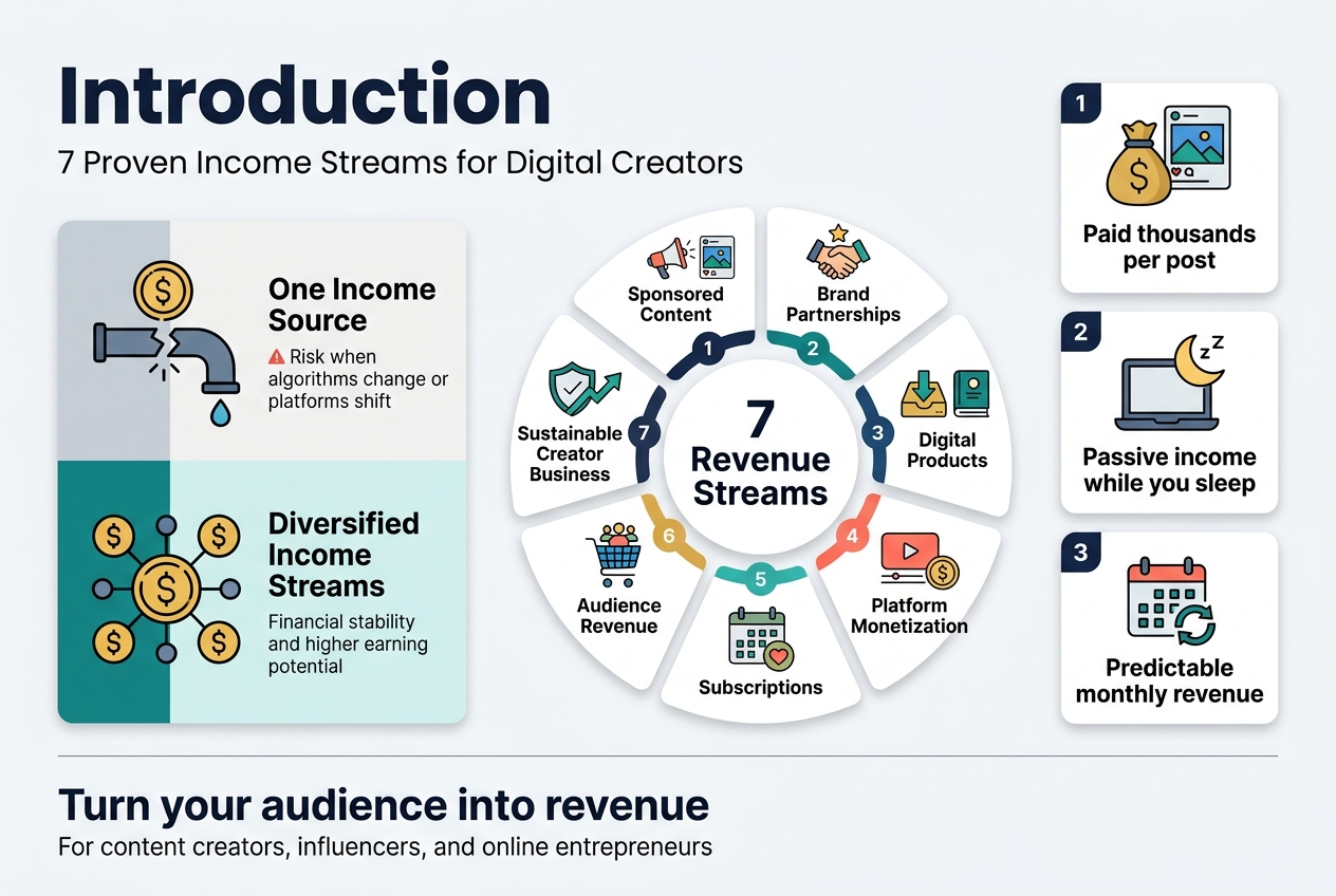 3:2 landscape infographic, full-bleed clean professional design, modern flat vector style, crisp typography, white background with navy, teal, gold, and coral accents, bold sans-serif headline at top leftTop header:Large bold title text: "Introduction"Smaller subtitle beneath: "7 Proven Income Streams for Digital Creators"Main layout: wide horizontal 3-column infographic with a left-side comparison panel, a center 7-point income stream hub, and a right-side benefits panelLeft panel:Split visual with two contrasting blocksTop block with a single broken coin pipeline icon and the text: "One Income Source"Below it, small warning text: "Risk when algorithms change or platforms shift"Bottom block with multiple connected coin and network icons and the text: "Diversified Income Streams"Below it, small benefit text: "Financial stability and higher earning potential"Center panel:A circular hub with the bold text in the middle: "7 Revenue Streams"Around the circle, seven numbered mini-sections with small icons in a neat ring, each in its own colored badge:1. "Sponsored Content" with a megaphone and social post icon2. "Brand Partnerships" with handshake and star icon3. "Digital Products" with a download box and ebook icon4. "Platform Monetization" with a play button, short-video, and coin icon5. "Subscriptions" with a recurring monthly calendar and heart icon6. "Audience Revenue" with a shopping cart and followers icon7. "Sustainable Creator Business" with a shield and upward growth arrow iconRight panel:Three stacked benefit cards with icons and bold labelsCard 1: a money bag and post icon, text: "Paid thousands per post"Card 2: a laptop and sleeping moon icon, text: "Passive income while you sleep"Card 3: a calendar and recurring arrows icon, text: "Predictable monthly revenue"Bottom strip across the full width:Bold callout text: "Turn your audience into revenue"Small supporting text: "For content creators, influencers, and online entrepreneurs"Visual style:clear section dividers, subtle shadows, rounded cards, strong hierarchy, minimal clutter, balanced spacing, readable infographic text, professional social-media editorial look