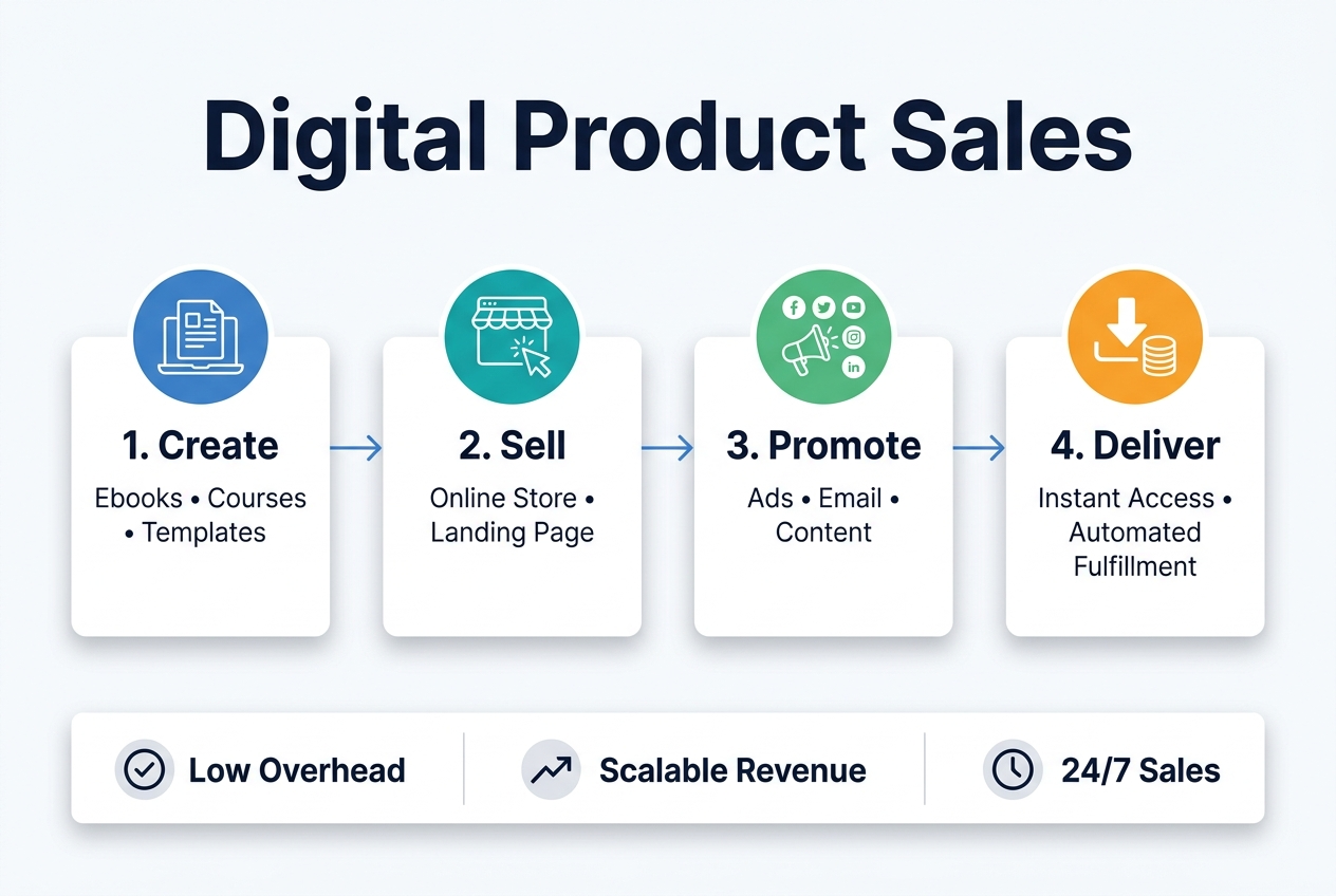 Create a full-bleed landscape infographic in a 3:2 aspect ratio with a clean professional modern style. Use a white background with blue, teal, and green accents, subtle gray lines, and sans-serif fonts. Top center: a large bold title in dark navy text, exactly: "Digital Product Sales"Below the title, arrange a wide horizontal 4-step workflow across the center of the canvas using four evenly spaced rectangular blocks with soft shadows and rounded corners. Connect the blocks with thin blue arrows from left to right.Block 1 on the left: a blue circular icon of a laptop and file, with the heading exactly: "1. Create" and smaller text exactly: "Ebooks • Courses • Templates"Block 2: a teal circular icon of a storefront and website cursor, with the heading exactly: "2. Sell" and smaller text exactly: "Online Store • Landing Page"Block 3: a green circular icon of a megaphone and social media symbols, with the heading exactly: "3. Promote" and smaller text exactly: "Ads • Email • Content"Block 4 on the right: an orange circular icon of a download arrow and coin stack, with the heading exactly: "4. Deliver" and smaller text exactly: "Instant Access • Automated Fulfillment"Along the bottom, include a wide horizontal summary band with three compact metric-style badges spaced evenly:Left badge with a checkmark icon and text exactly: "Low Overhead"Center badge with a growth arrow icon and text exactly: "Scalable Revenue"Right badge with a clock icon and text exactly: "24/7 Sales"Use clear visual hierarchy, bold headings, consistent spacing, aligned sections, and a polished corporate infographic look. Avoid a poster frame, avoid narrow centered stacking, and keep the layout wide and balanced.