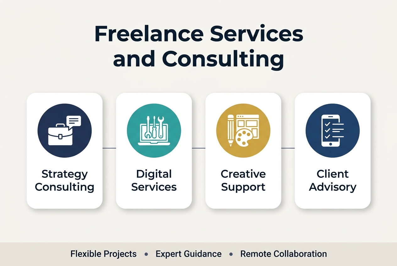 Aspect ratio 3:2, full-bleed clean professional infographic on a light off-white background with navy, teal, and gold accents, modern sans-serif typography. Large bold heading centered at the top: "Freelance Services and Consulting". Below the heading, create a wide 4-column horizontal layout with evenly spaced rounded white cards, each with a colored circular icon at the top and a short label beneath it.Left card: a navy icon of a briefcase and speech bubble, text: "Strategy Consulting". Second card: a teal icon of a laptop and tools, text: "Digital Services". Third card: a gold icon of a pencil, palette, and layout grid, text: "Creative Support". Right card: a navy icon of a phone with a checklist, text: "Client Advisory".Add a thin horizontal line connecting the four cards across the center for flow. At the bottom, include a compact footer band with three small bullet-style highlights separated by dots: "Flexible Projects" • "Expert Guidance" • "Remote Collaboration". Use clear visual hierarchy, balanced spacing, subtle shadows, crisp icons, and a polished corporate style.