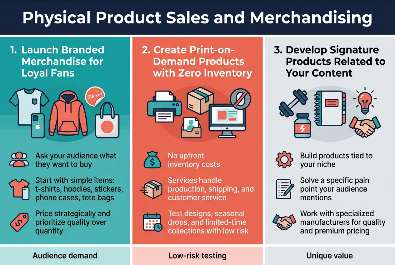 Create a clean, modern infographic illustration in a 3:2 aspect ratio with a full-bleed layout, no frame, no inset margins, using a wide horizontal composition with three equal sections across the page. Top header bar in dark navy with large bold white title text: "Physical Product Sales and Merchandising". Use a professional sans-serif font, strong visual hierarchy, and a color palette of navy, teal, coral, white, and light gray.Left section: a teal panel with a bold numbered heading and a merchandise icon cluster (t-shirt, hoodie, sticker, phone case, tote bag). Heading text: "1. Launch Branded Merchandise for Loyal Fans". Include three short bullet blocks with small icons:"Ask your audience what they want to buy""Start with simple items: t-shirts, hoodies, stickers, phone cases, tote bags""Price strategically and prioritize quality over quantity"Center section: a coral panel with a bold numbered heading and a print-on-demand icon set (printer, shipping box, computer, zero inventory symbol). Heading text: "2. Create Print-on-Demand Products with Zero Inventory". Include three short bullet blocks with small icons:"No upfront inventory costs""Services handle production, shipping, and customer service""Test designs, seasonal drops, and limited-time collections with low risk"Right section: a light gray panel with a bold numbered heading and a signature product icon set (dumbbell, planner notebook, supplement bottle, lightbulb, handshake). Heading text: "3. Develop Signature Products Related to Your Content". Include three short bullet blocks with small icons:"Build products tied to your niche""Solve a specific pain point your audience mentions""Work with specialized manufacturers for quality and premium pricing"Add a slim bottom footer band across the full width with three small label boxes:"Audience demand""Low-risk testing""Unique value"Use crisp flat vector illustrations, subtle shadows, clear spacing, balanced alignment, and high contrast text on colored panels.