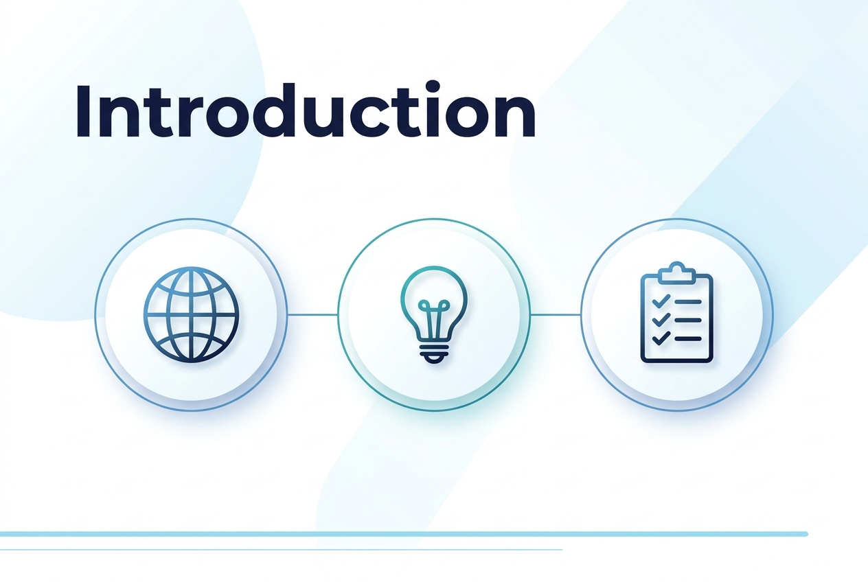 Full-bleed professional infographic in 3:2 landscape format with a clean modern design, white background with subtle light blue gradient accents and soft geometric shapes. A bold large heading at the top-left reads "Introduction" in a modern sans-serif font, dark navy color. Below the heading, use a wide horizontal layout with three evenly spaced minimalist circular icon blocks across the center: a simple outlined globe icon on the left, a lightbulb icon in the middle, and a checklist icon on the right, each in blue, teal, and navy tones with soft shadowing. Add thin connecting lines between the three blocks for a polished flow. Include a thin decorative footer line along the bottom in light blue. Keep the composition open, balanced, and uncluttered, with strong visual hierarchy and no additional text.