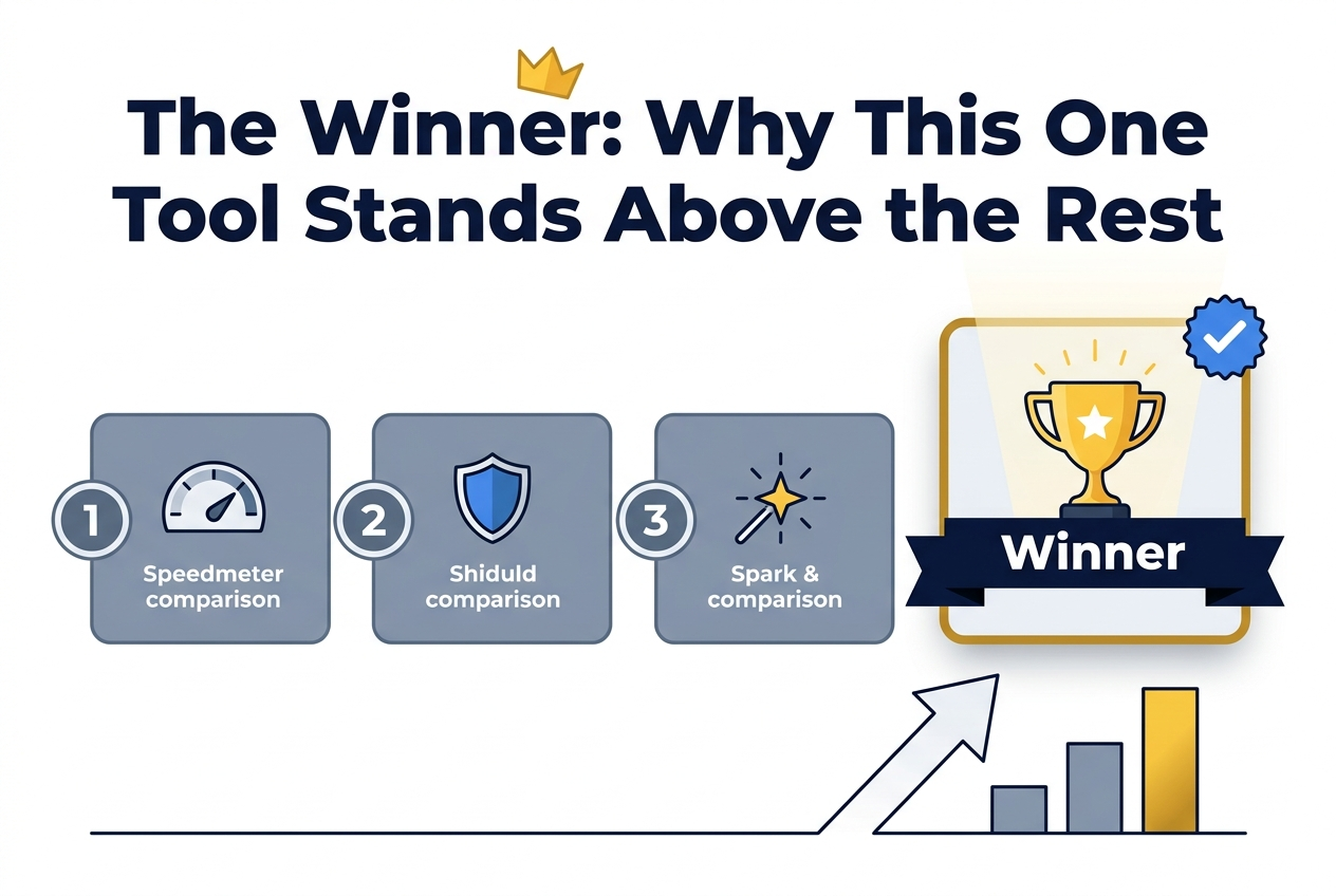 Full-bleed professional infographic illustration in a 3:2 aspect ratio, modern clean vector style, crisp lines, subtle shadows, high contrast, blue and gold color palette with white background and dark navy text. Large bold heading at the top center: "The Winner: Why This One Tool Stands Above the Rest". Wide horizontal layout with three comparison sections across the lower half and one dominant winner section on the right side. Use a strong visual hierarchy.Top section:- Big headline in dark navy, bold sans-serif font.- Small gold crown icon above or beside the word "Winner".Main center-left area:- Three evenly spaced horizontal comparison cards, each with a numbered circle on the left: "1", "2", "3".- Each card contains a simple icon only: a speedometer icon, a shield icon, and a spark/star icon.- Cards in muted gray-blue tones.Right side dominant section:- A large highlighted card with a glowing gold trophy icon and a blue checkmark badge.- The winning card is larger than the others, with a gold accent border and subtle spotlight effect.- Add a bold label inside the winning card: "Winner" in white text on a dark navy ribbon.Bottom area:- A clean upward arrow or rising bar graphic pointing toward the winner section.- Three short comparison bars rising in height from left to right, with the tallest bar highlighted in gold.Typography:- Bold sans-serif for the headline.- Smaller clean sans-serif for labels.- Clear spacing, balanced alignment, minimal clutter.Composition:- Full-bleed layout, no poster frame, no inset margins.- Wide horizontal sections, not a centered vertical stack.- Professional infographic aesthetic with sharp, polished visuals.