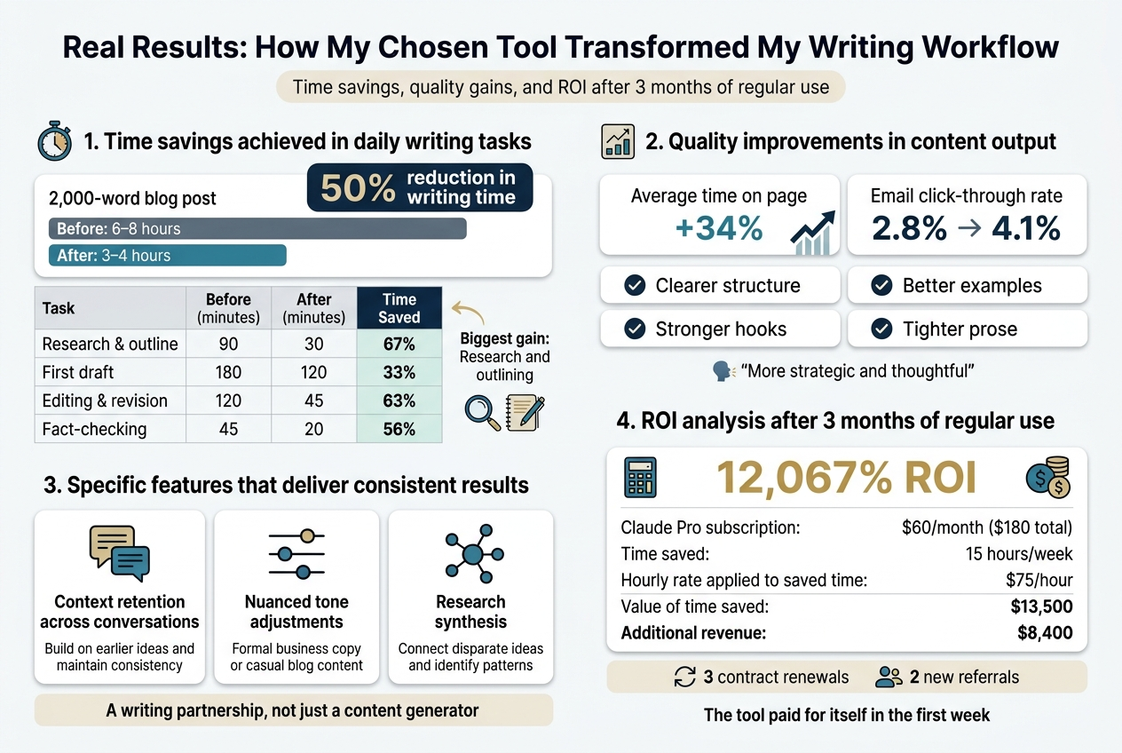 Create a clean, modern full-bleed infographic in 3:2 landscape ratio with a white background, dark navy text, teal and blue accent colors, subtle gold highlights, and crisp sans-serif fonts. Use a wide multi-section layout with strong hierarchy, not a vertical poster. Place a bold title across the top center: "Real Results: How My Chosen Tool Transformed My Writing Workflow". Add a small subtitle beneath in lighter text: "Time savings, quality gains, and ROI after 3 months of regular use".Left half, top section: "1. Time savings achieved in daily writing tasks" with a stopwatch icon and a horizontal before/after comparison block. Include a large callout badge: "50% reduction in writing time". Show a 2,000-word blog post timeline with two bars labeled "Before: 6–8 hours" and "After: 3–4 hours". Beneath, place a 4-row comparison table with columns "Task", "Before (minutes)", "After (minutes)", "Time Saved". Rows exactly:"Research & outline | 90 | 30 | 67%""First draft | 180 | 120 | 33%""Editing & revision | 120 | 45 | 63%""Fact-checking | 45 | 20 | 56%"Add a small highlight note beside the table: "Biggest gain: Research and outlining". Include a magnifying glass and notebook icon near this note.Right half, top section: "2. Quality improvements in content output" with a chart icon and upward-trending graph. Show two metric callouts: "Average time on page +34%" and "Email click-through rate 2.8% → 4.1%". Add four compact bullet cards with checkmark icons and these exact labels:"Clearer structure""Stronger hooks""Better examples""Tighter prose"Include a small quote callout in a speech bubble: "More strategic and thoughtful".Bottom left section: "3. Specific features that deliver consistent results" with three icon cards in a row. Card 1 with stacked chat bubbles icon and heading "Context retention across conversations" plus smaller text: "Build on earlier ideas and maintain consistency". Card 2 with tone sliders icon and heading "Nuanced tone adjustments" plus smaller text: "Formal business copy or casual blog content". Card 3 with connected nodes icon and heading "Research synthesis" plus smaller text: "Connect disparate ideas and identify patterns". Add a centered band below the cards reading: "A writing partnership, not just a content generator".Bottom right section: "4. ROI analysis after 3 months of regular use" with a calculator icon and currency symbols. Display a large bold ROI figure in gold: "12,067% ROI". Show a clean financial summary block with these exact lines:"Claude Pro subscription: $60/month ($180 total)""Time saved: 15 hours/week""Hourly rate applied to saved time: $75/hour""Value of time saved: $13,500""Additional revenue: $8,400"Below, include a small highlight strip with icons for renewal and referral: "3 contract renewals" and "2 new referrals". Add a final closing line at the bottom right: "The tool paid for itself in the first week".Use subtle dividers, rounded cards, and small illustrative icons for each section. Keep all text sharp, legible, and evenly spaced with balanced margins while maintaining a full-bleed infographic feel.