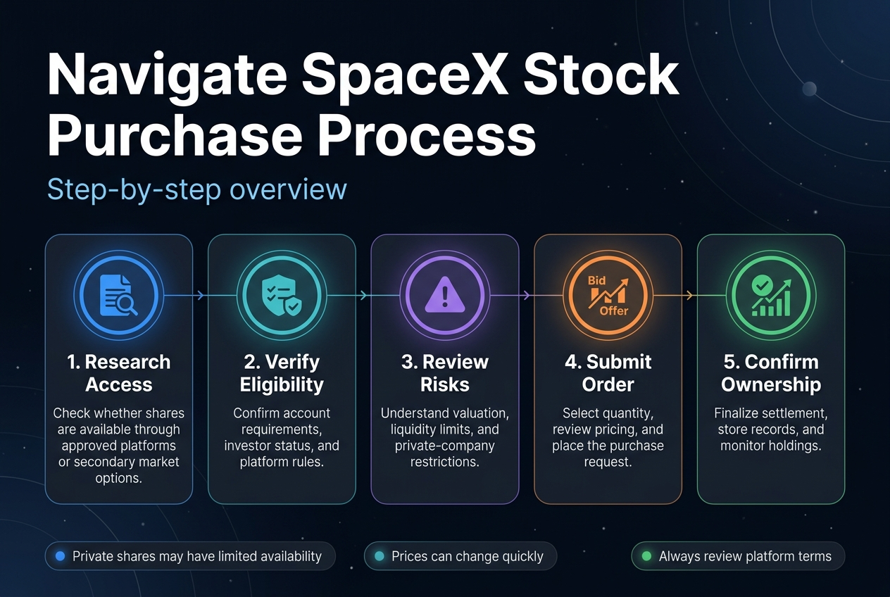 Create a full-bleed professional infographic in 3:2 aspect ratio with a clean modern fintech style. Use a deep navy-to-black gradient background with subtle star-like dots and faint orbital lines. Place a large bold white heading across the top left and center: "Navigate SpaceX Stock Purchase Process". Add a smaller light-blue subtitle beneath it: "Step-by-step overview".Use a wide horizontal 5-step layout across the center in connected rounded rectangles, each with a numbered circle icon and a clear symbol:1. Left panel: blue circular icon with a document and magnifying glass. Title text: "1. Research Access". Body text: "Check whether shares are available through approved platforms or secondary market options."2. Next panel: teal circular icon with a shield and checklist. Title text: "2. Verify Eligibility". Body text: "Confirm account requirements, investor status, and platform rules."3. Middle panel: purple circular icon with a warning triangle. Title text: "3. Review Risks". Body text: "Understand valuation, liquidity limits, and private-company restrictions."4. Next panel: orange circular icon with a bid/offer chart. Title text: "4. Submit Order". Body text: "Select quantity, review pricing, and place the purchase request."5. Right panel: green circular icon with a checkmark and upward chart. Title text: "5. Confirm Ownership". Body text: "Finalize settlement, store records, and monitor holdings."Add a thin connecting line with small arrowheads running through all five panels. Place a small bottom band spanning the width with three compact callout boxes:"Private shares may have limited availability""Prices can change quickly""Always review platform terms"Use crisp sans-serif fonts, strong visual hierarchy, white and light-gray body text, blue/teal/purple/orange/green accent colors, subtle glow highlights, clean spacing, and balanced wide composition with no centered vertical stack.