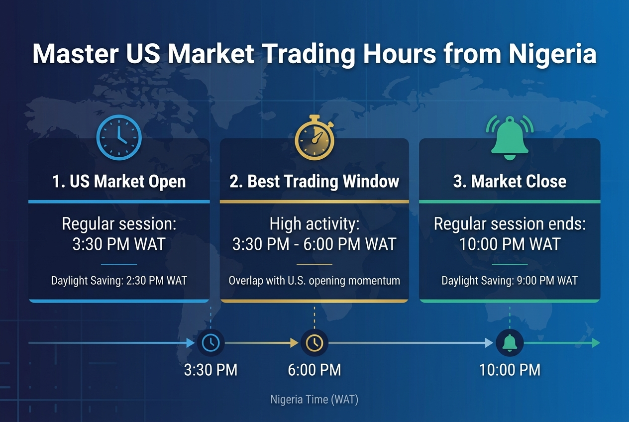 3:2 landscape infographic, full-bleed clean professional design, navy-to-blue gradient background with subtle world map and clock grid pattern, modern sans-serif typography, bold white heading at the top: "Master US Market Trading Hours from Nigeria"Below the heading, a wide three-column layout with clear section blocks and numbered labels, each block using a distinct accent color and a simple icon:Left block: a blue circular clock icon and the title "1. US Market Open"Text below: "Regular session: 3:30 PM WAT"Small line beneath: "Daylight Saving: 2:30 PM WAT"Center block: a gold stopwatch icon and the title "2. Best Trading Window"Text below: "High activity: 3:30 PM - 6:00 PM WAT"Small line beneath: "Overlap with U.S. opening momentum"Right block: a green closing bell icon and the title "3. Market Close"Text below: "Regular session ends: 10:00 PM WAT"Small line beneath: "Daylight Saving: 9:00 PM WAT"Across the lower section, a horizontal timeline with labeled time markers and small icons: "3:30 PM", "6:00 PM", "10:00 PM", with arrows showing the trading flow from open to close. Add a small footer note in thin text: "Nigeria Time (WAT)"Use crisp white text, blue and teal accent lines, gold highlights, balanced spacing, flat vector illustration style, high contrast, minimal shadows, structured infographic layout, no borders around the entire image