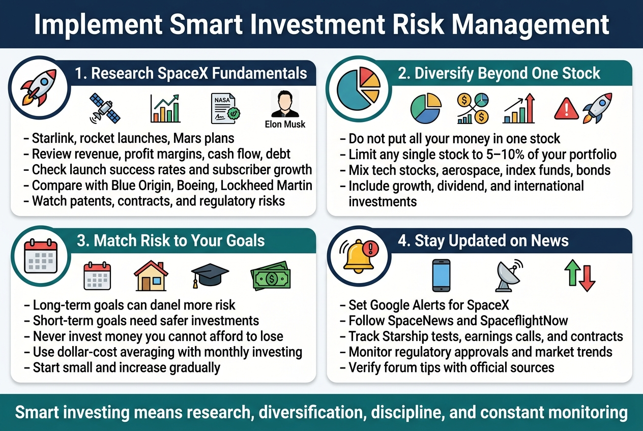 Create a full-bleed landscape infographic in a 3:2 aspect ratio with a clean modern financial style, navy blue and white background, accents of teal, gold, and red, bold sans-serif typography, crisp vector icons, and strong visual hierarchy.Top header across full width: large bold title in white text on a dark navy banner: "Implement Smart Investment Risk Management"Below the title, arrange four wide horizontal sections in a 2x2 grid with rounded white cards and colored section headers, each with a clear icon and numbered label.Section 1 on upper left:Header text: "1. Research SpaceX Fundamentals"Include a rocket icon, Starlink satellite icon, earnings chart icon, NASA contract icon, and small portrait silhouette icon labeled "Elon Musk".Use short bullet points with exact text:- "Starlink, rocket launches, Mars plans"- "Review revenue, profit margins, cash flow, debt"- "Check launch success rates and subscriber growth"- "Compare with Blue Origin, Boeing, Lockheed Martin"- "Watch patents, contracts, and regulatory risks"Section 2 on upper right:Header text: "2. Diversify Beyond One Stock"Show a portfolio pie chart, multiple asset icons, and a warning symbol near a single rocket ship.Include exact text:- "Do not put all your money in one stock"- "Limit any single stock to 5–10% of your portfolio"- "Mix tech stocks, aerospace, index funds, bonds"- "Include growth, dividend, and international investments"Section 3 on lower left:Header text: "3. Match Risk to Your Goals"Show a calendar icon, house icon, graduation cap icon, and dollar bills icon.Include exact text:- "Long-term goals can تحمل more risk"- "Short-term goals need safer investments"- "Never invest money you cannot afford to lose"- "Use dollar-cost averaging with monthly investing"- "Start small and increase gradually"Section 4 on lower right:Header text: "4. Stay Updated on News"Show a news alert bell icon, smartphone icon, satellite dish icon, and upward/downward market arrows.Include exact text:- "Set Google Alerts for SpaceX"- "Follow SpaceNews and SpaceflightNow"- "Track Starship tests, earnings calls, and contracts"- "Monitor regulatory approvals and market trends"- "Verify forum tips with official sources"Add a bottom horizontal strip with a bold takeaway statement in a dark teal banner:"Smart investing means research, diversification, discipline, and constant monitoring"Use clear spacing, aligned icons, and subtle grid lines, with the infographic organized left to right and top to bottom, no centered vertical stack, no poster frame, and no inset margins.