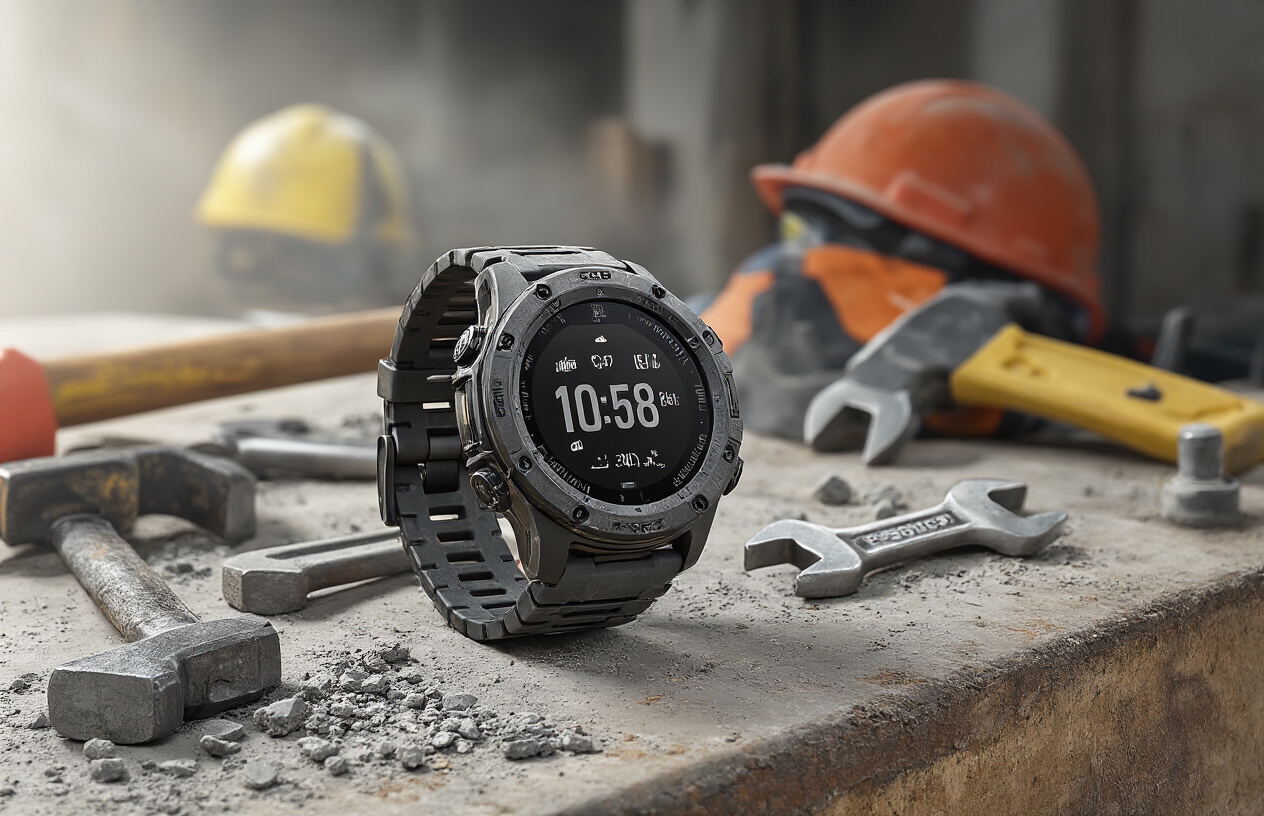 Create a realistic image of a rugged smartwatch with visible durability features like reinforced corners, thick protective casing, and scratch-resistant screen, positioned on a construction site workbench surrounded by heavy-duty tools including hammers, wrenches, and safety equipment, with concrete dust and metal shavings scattered around, industrial lighting casting realistic shadows, emphasizing the watch's robust build quality designed for harsh working conditions, absolutely NO text should be in the scene.