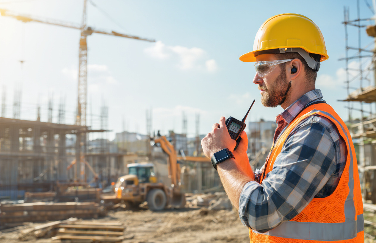 Create a realistic image of a white male construction worker wearing a hard hat and safety vest standing at a construction site, looking at a smartwatch on his wrist while using a walkie-talkie in his other hand, with construction equipment and scaffolding in the background, bright daylight illuminating the scene, conveying professional communication and safety monitoring in an active work environment, absolutely NO text should be in the scene.