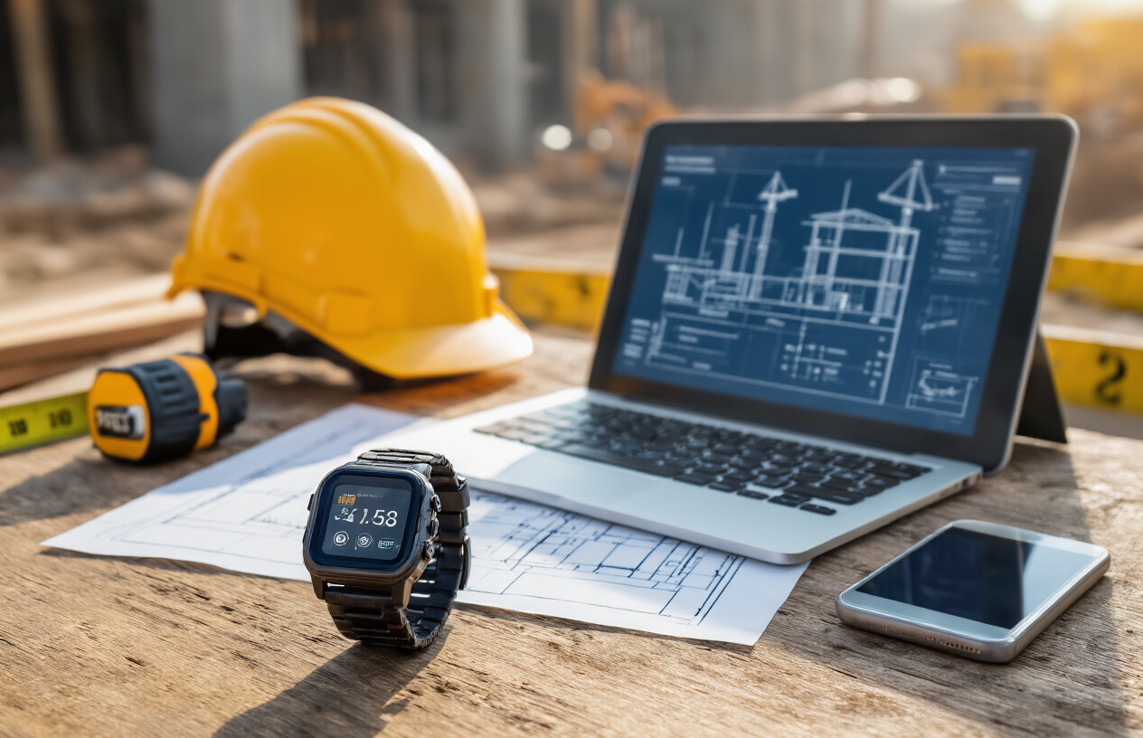 Create a realistic image of a construction worker's workstation showing a rugged smartwatch on a wooden work table surrounded by productivity tools including digital tablet displaying project management app, construction blueprints, safety helmet, measuring tape, and smartphone, with construction site visible in blurred background, bright natural lighting, professional work environment atmosphere, absolutely NO text should be in the scene.