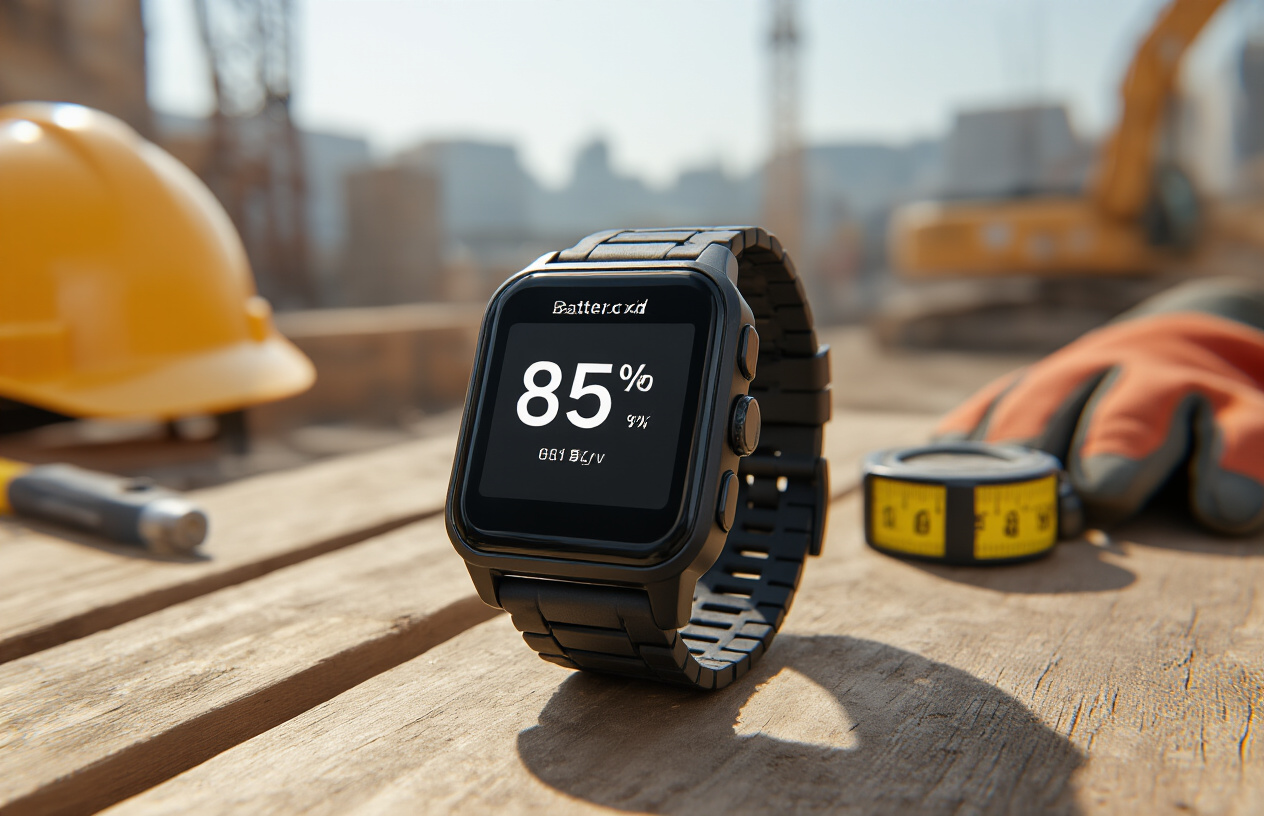 Create a realistic image of a rugged black smartwatch with a large display showing battery percentage at 85% lying on a wooden construction site table, surrounded by work tools like a hard hat, measuring tape, and work gloves, with construction site equipment blurred in the background under bright daylight conditions, emphasizing durability and long-lasting power for demanding work environments. Absolutely NO text should be in the scene.