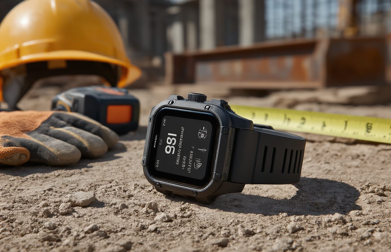 Create a realistic image of a close-up shot of a rugged smartwatch with a durable black silicone band resting on a construction site surface, surrounded by construction tools like a hard hat, work gloves, measuring tape, and steel beams in the background, with natural daylight creating sharp shadows and highlighting the watch's display screen and robust design, conveying durability and functionality in an industrial setting, absolutely NO text should be in the scene.