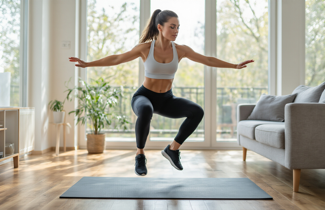 Create a realistic image of a white female athlete in athletic wear performing a squat jump exercise in a modern home living room, with wooden floors, a yoga mat beneath her feet, natural lighting streaming through large windows, her body captured mid-jump with bent knees and arms extended for balance, showcasing powerful lower body movement, with minimalist home decor in the soft-focused background, absolutely NO text should be in the scene.