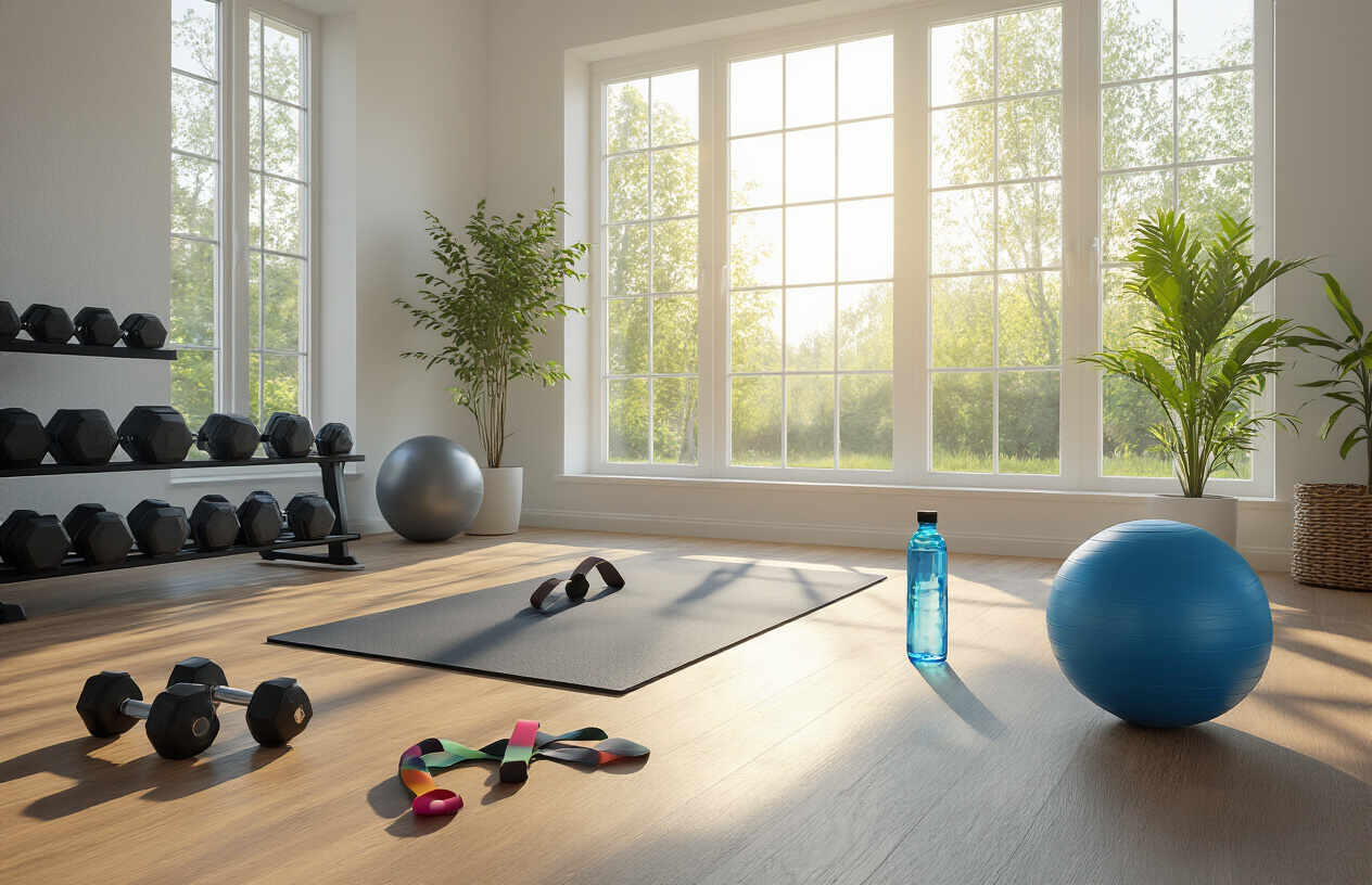 Create a realistic image of a bright, clean home fitness space with various exercise equipment scattered around including dumbbells, a yoga mat, resistance bands, and a water bottle on a wooden floor, with natural sunlight streaming through a large window in the background creating an inspiring and motivational atmosphere for home workouts, absolutely NO text should be in the scene.