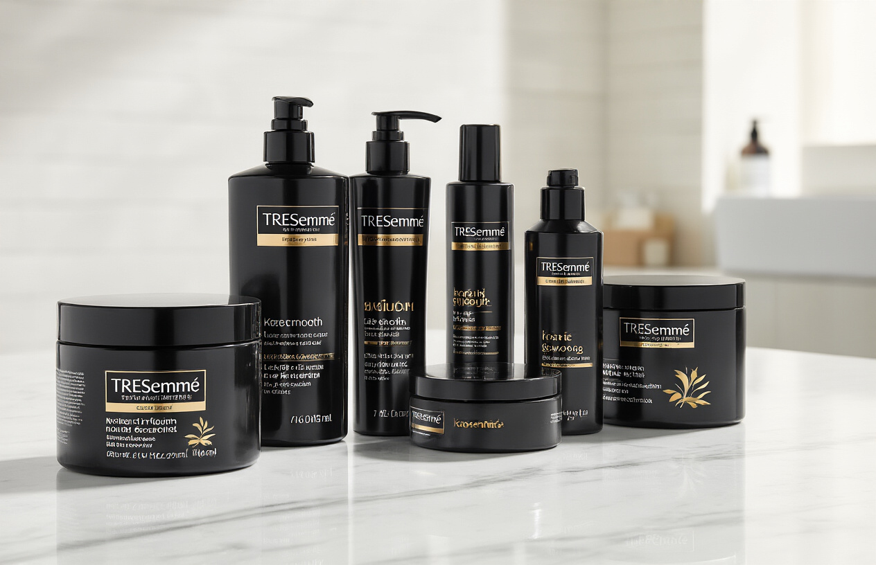 Create a realistic image of a complete collection of TRESemmé Keratin Smooth hair care products arranged on a clean white marble countertop, including various sized bottles of shampoo, conditioner, hair masks, and styling products with their distinctive black and gold packaging, professional salon-style lighting creating soft shadows, bright and clean atmosphere suggesting premium hair care quality, products displayed at slight angles to show labels and branding clearly, modern bathroom or salon setting in the background, absolutely NO text should be in the scene.