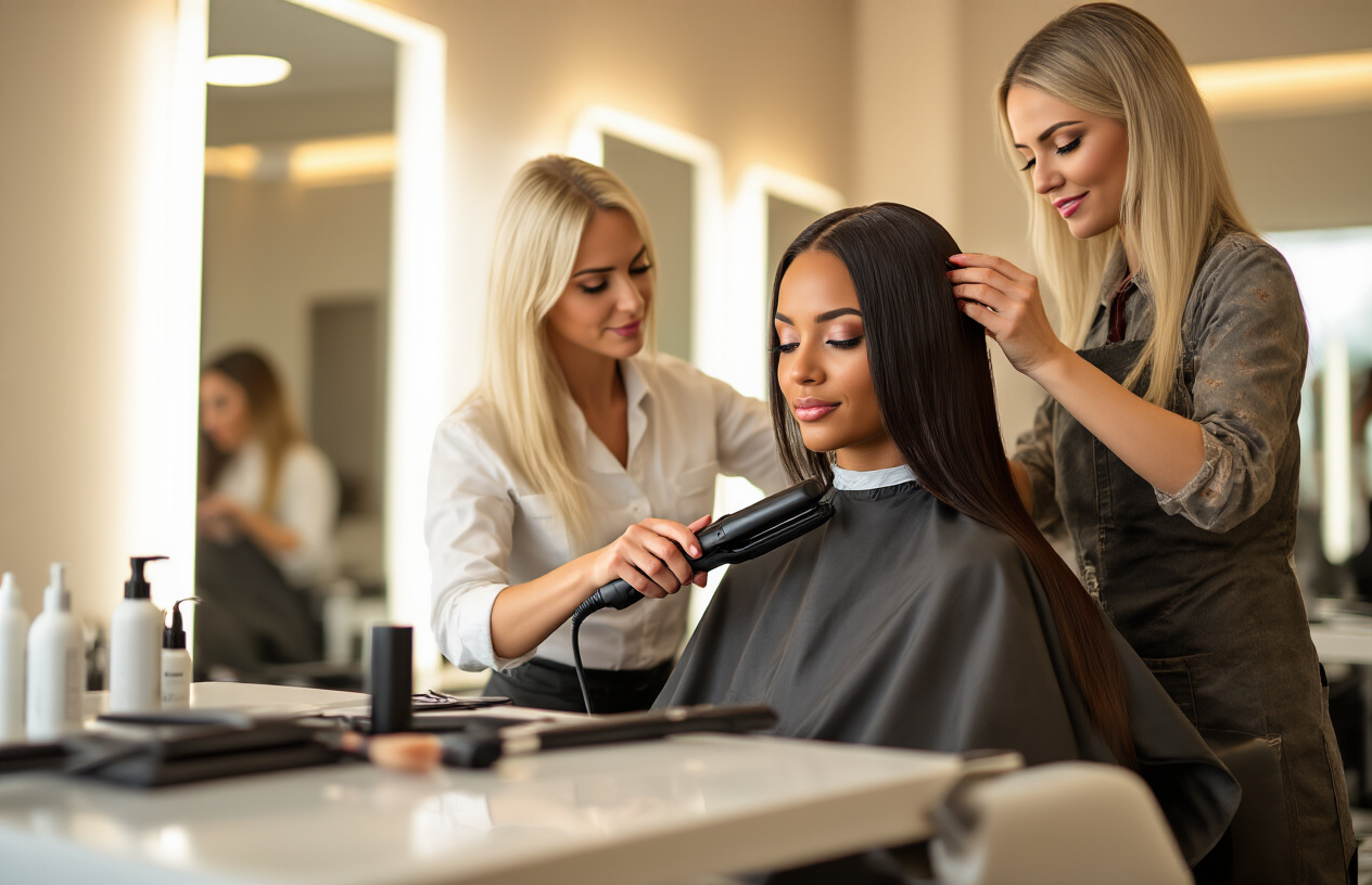 Create a realistic image of a professional white female hairstylist working on a black female client's long, sleek, keratin-treated hair in an upscale salon setting, with the stylist using a flat iron and various professional styling tools laid out on a modern salon station, warm ambient lighting creating a luxurious atmosphere, mirrors reflecting the styling process, and both women appearing focused and satisfied with the smooth hair results, absolutely NO text should be in the scene.