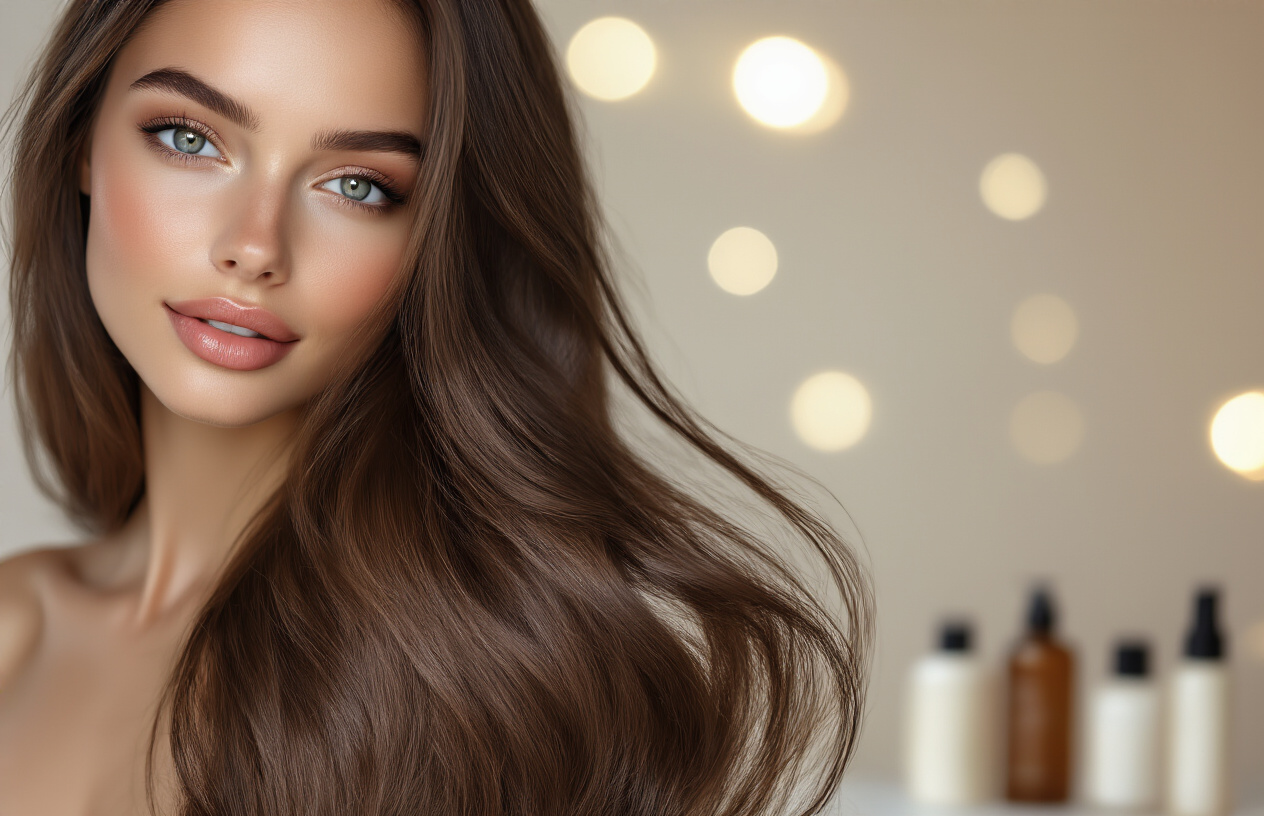 Create a realistic image of healthy, shiny long hair cascading over a woman's shoulder, showing smooth texture and natural luster, with soft natural lighting highlighting the hair's glossy appearance, complemented by subtle beauty products in the blurred background, conveying long-term hair care results and vitality, absolutely NO text should be in the scene.
