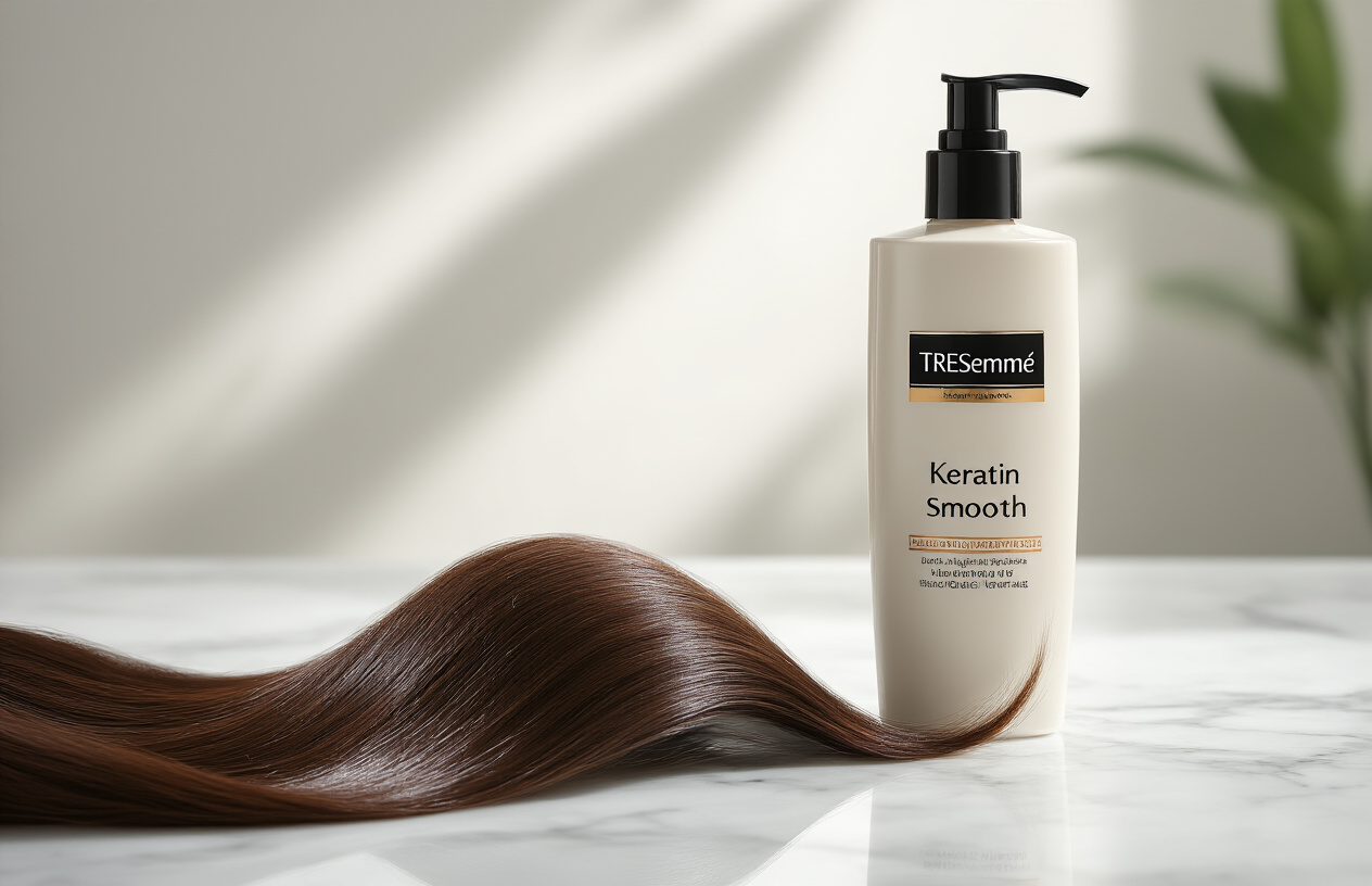 Create a realistic image of a close-up view of smooth, shiny, healthy-looking hair with visible keratin treatment results, showing silky strands with natural movement and lustrous shine, complemented by a TRESemmé Keratin Smooth product bottle positioned elegantly in the background on a clean white marble surface, with soft natural lighting creating gentle highlights on the hair and product packaging, conveying a sense of professional salon-quality results and hair transformation success, absolutely NO text should be in the scene.