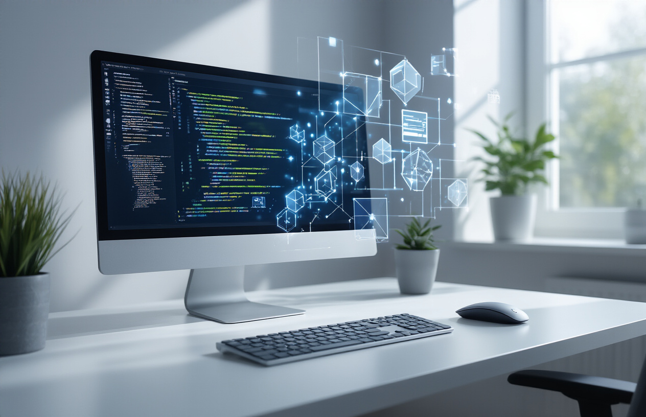 Create a realistic image of a modern computer workstation showing a sleek desktop monitor displaying abstract digital code elements and software interfaces, with a clean keyboard and mouse on a minimalist white desk, surrounded by floating translucent geometric shapes representing data flow and software architecture, soft natural lighting from a window creating gentle shadows, professional tech environment with neutral colors of white, gray, and blue, absolutely NO text should be in the scene.