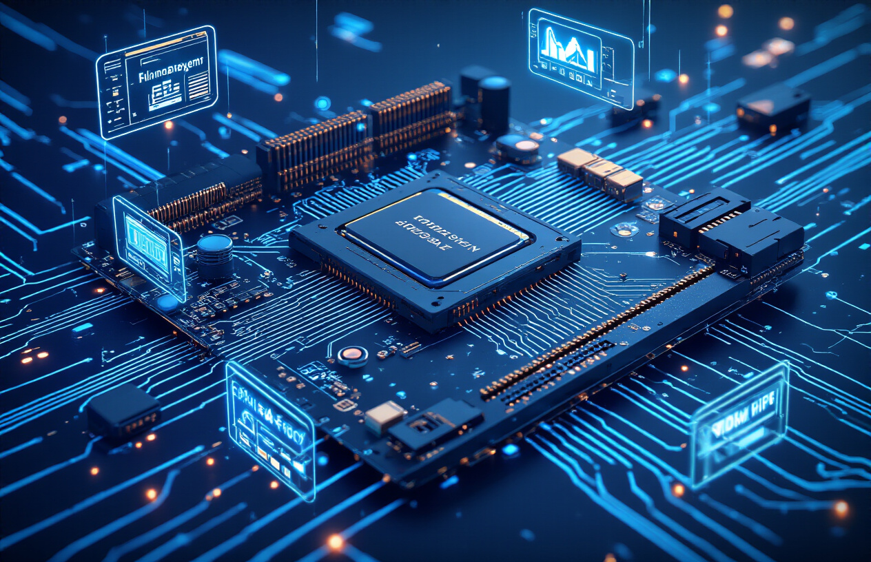 Create a realistic image of a modern computer motherboard with visible CPU, RAM modules, and circuit pathways, surrounded by floating digital icons representing operating system functions like file management, memory allocation, and device drivers, set against a clean dark blue gradient background with subtle blue lighting illuminating the hardware components, absolutely NO text should be in the scene.