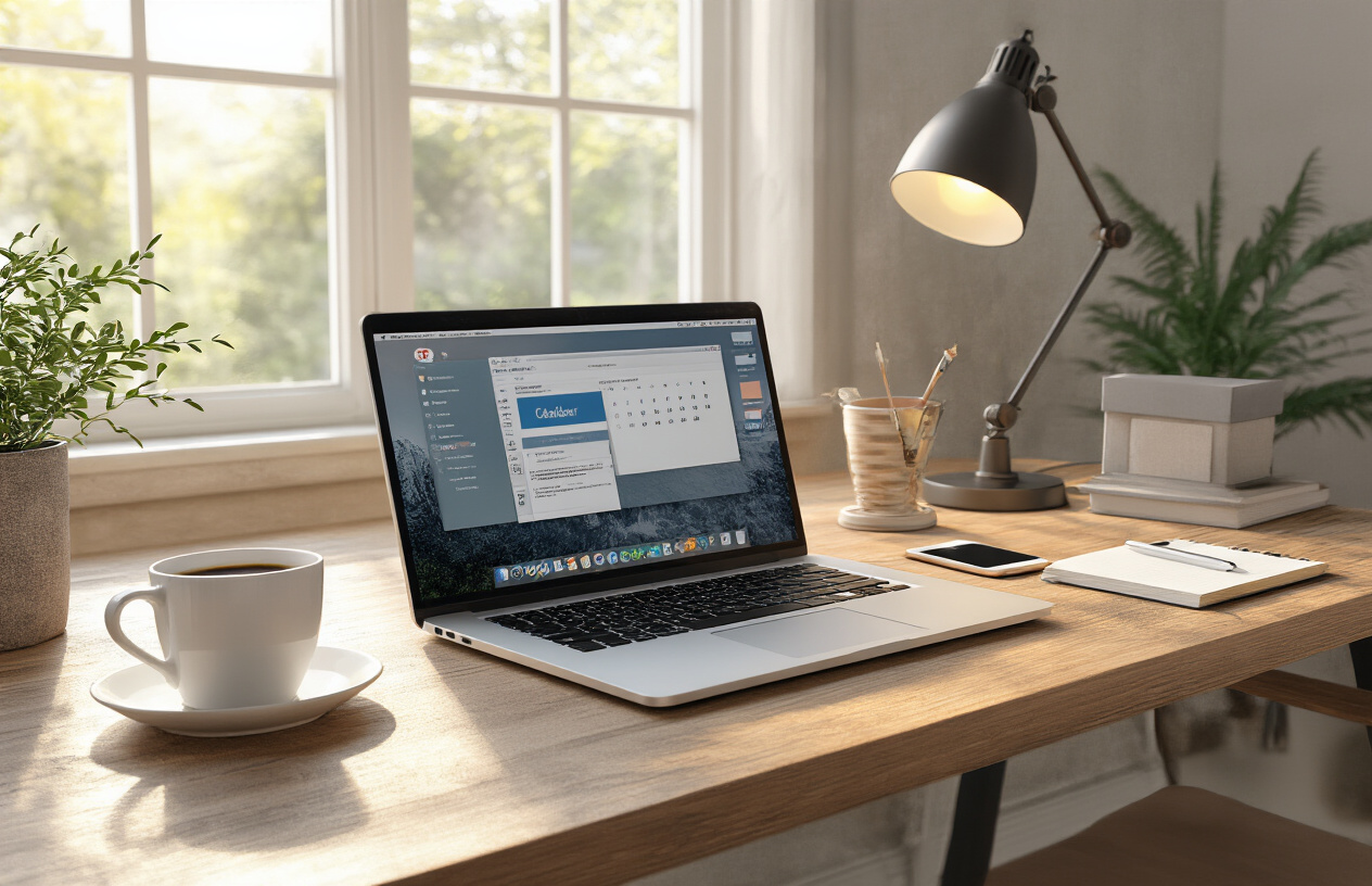 Create a realistic image of a modern home office desk setup with a laptop computer displaying common application software interfaces like email, calendar, and document editing programs on the screen, surrounded by everyday items such as a coffee cup, notepad, smartphone, and desk lamp, with natural lighting streaming through a nearby window creating a warm, productive atmosphere, absolutely NO text should be in the scene.