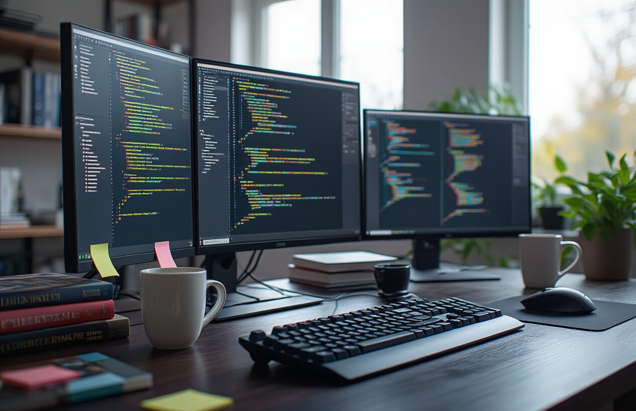 Create a realistic image of a modern workspace featuring multiple computer monitors displaying colorful code editors and programming interfaces, with a sleek keyboard and mouse on a dark wooden desk, complemented by programming books, a coffee mug, and sticky notes scattered around, set in a well-lit home office or tech company environment with soft natural lighting from a window, creating a focused and productive atmosphere for software development work, absolutely NO text should be in the scene.
