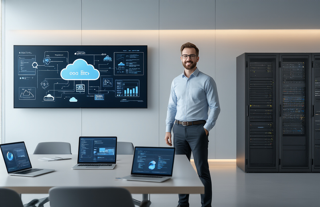 Create a realistic image of a modern office environment showing multiple deployment options with a white male IT professional in business casual attire standing beside a large wall-mounted display screen showing cloud infrastructure diagrams, server racks visible in the background, multiple laptops and tablets on a sleek conference table displaying different software interfaces, with soft ambient lighting creating a professional technology-focused atmosphere, absolutely NO text should be in the scene.