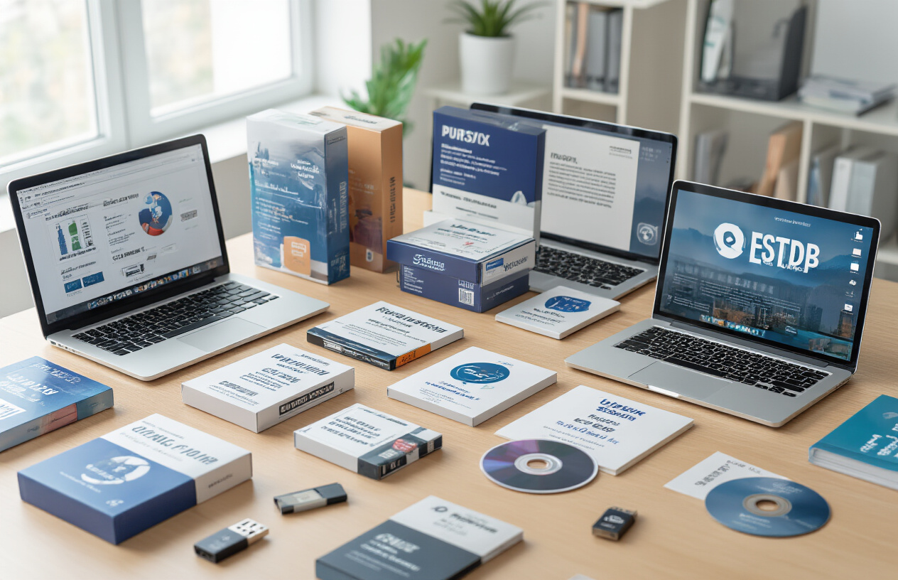 Create a realistic image of various software distribution methods displayed on a modern desk with open laptops showing different licensing screens, physical software boxes and DVDs, USB drives, and digital download icons on computer screens, set in a bright office environment with clean lighting, featuring a diverse mix of proprietary and open-source software packaging materials scattered across the workspace, absolutely NO text should be in the scene.