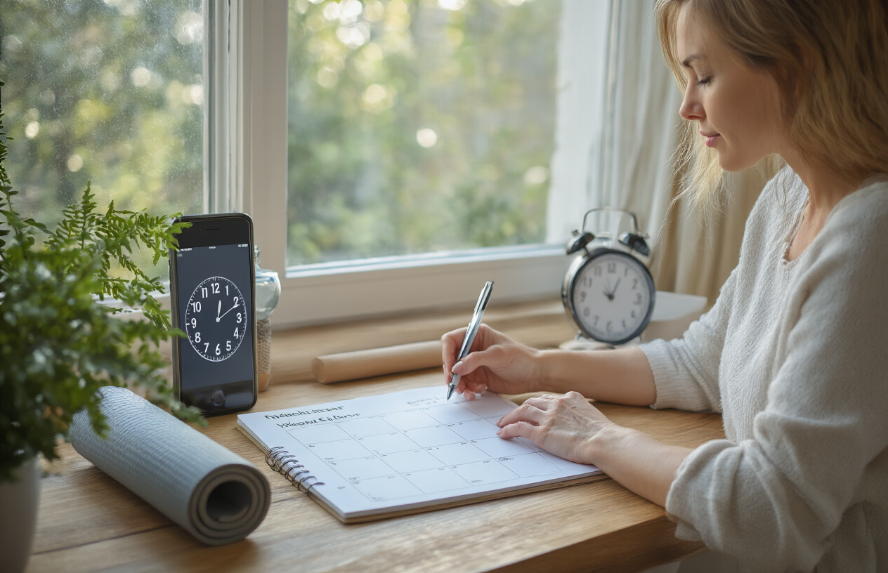 Create a realistic image of a white female in her 30s sitting at a wooden desk with a blank weekly calendar planner spread out, holding a pen while thoughtfully looking at it, with a yoga mat rolled up nearby, a water bottle, and a smartphone displaying a clock showing early morning time around 6 AM, soft natural morning light streaming through a window in the background creating a calm and organized atmosphere. Absolutely NO text should be in the scene.