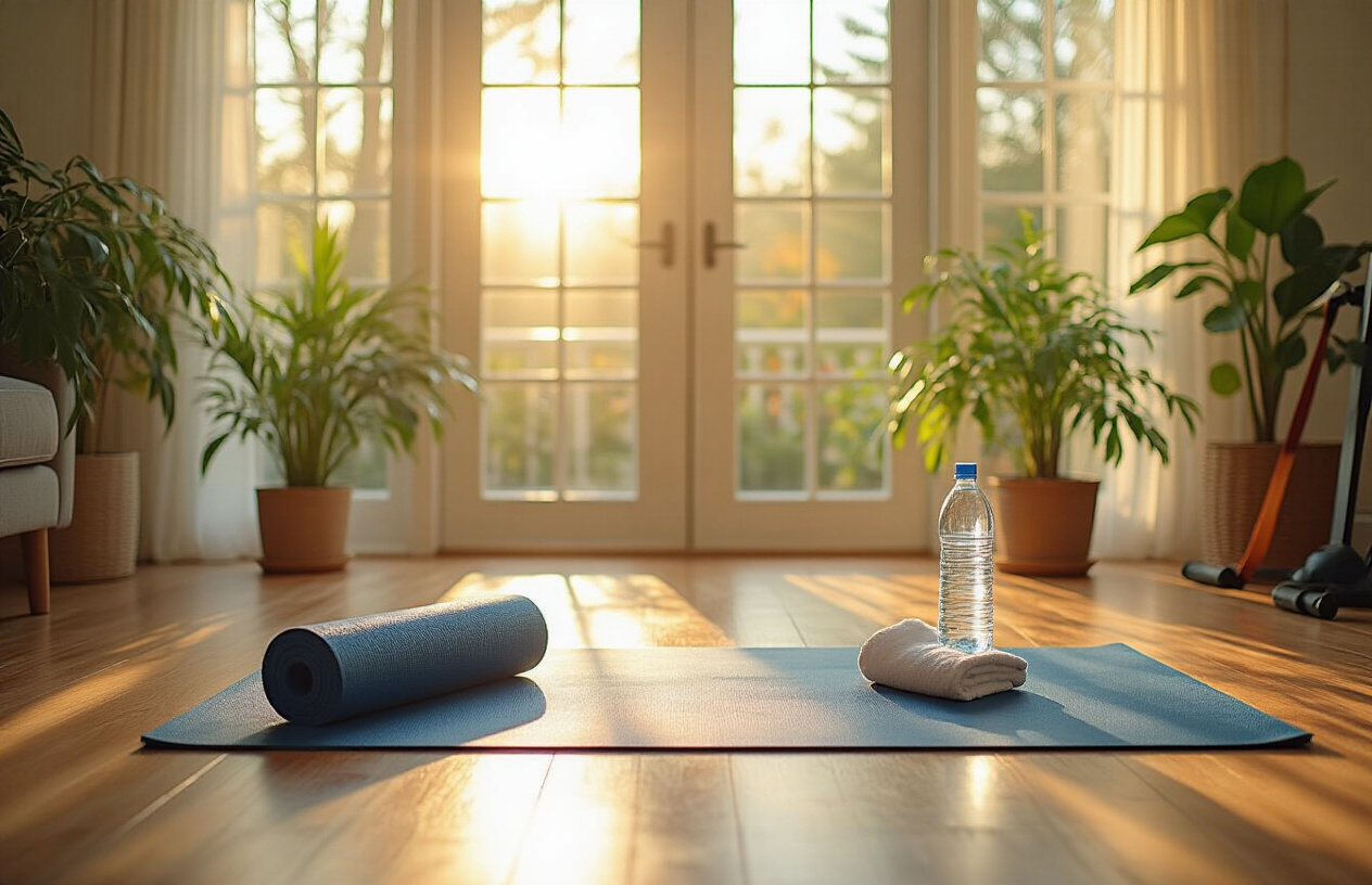 Create a realistic image of a bright, clean home living room with morning sunlight streaming through large windows, featuring a yoga mat laid out on hardwood floors with a water bottle and small towel nearby, exercise equipment like resistance bands subtly placed in the background, potted plants adding freshness to the space, warm natural lighting creating an energetic yet peaceful atmosphere that conveys accomplishment and wellness after completing a home workout routine, absolutely NO text should be in the scene.