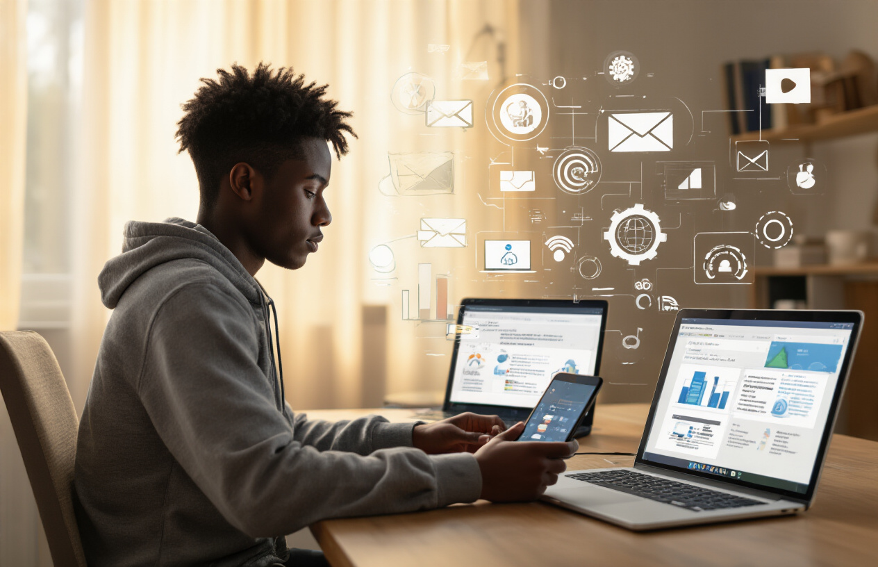 Create a realistic image of a young black male college student sitting at a desk with multiple devices - a laptop computer, smartphone, and tablet - all displaying different interfaces for accessing academic results, with various technological icons floating subtly in the background representing different digital access methods, warm indoor lighting creating a focused study atmosphere, absolutely NO text should be in the scene.