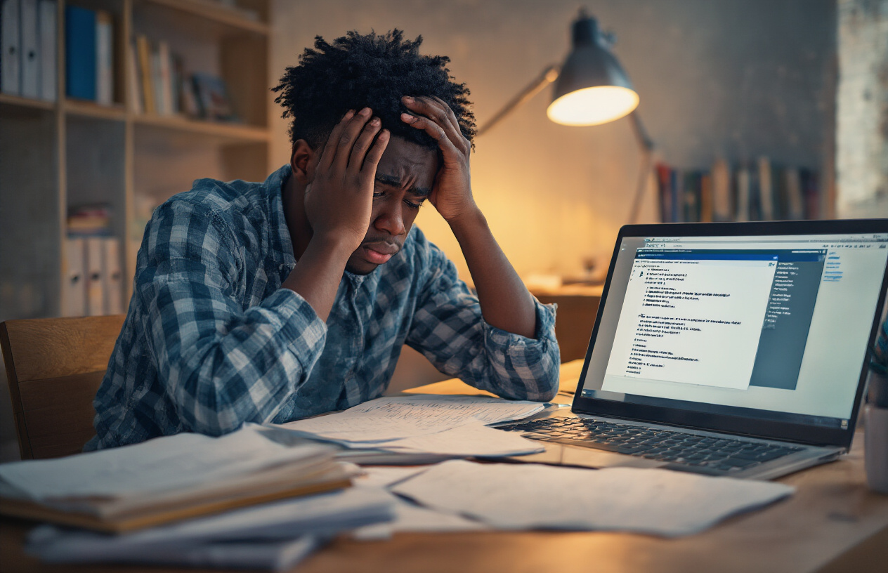 Create a realistic image of a frustrated young black male student sitting at a desk with a laptop computer showing error messages on the screen, surrounded by scattered papers and notebooks, with his hand on his forehead in a gesture of confusion, in a dimly lit study room with warm lighting from a desk lamp, conveying the mood of technical difficulties while checking academic results online, absolutely NO text should be in the scene.